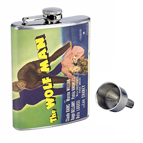 Premium 8oz Stainless Steel Whiskey Flask with Free Funnel - D-065 The Wolf Man Design | Leakproof & Durable Metal Liquor Container for Outdoor Adventures, Camping, Gifts & Travel Accessories
