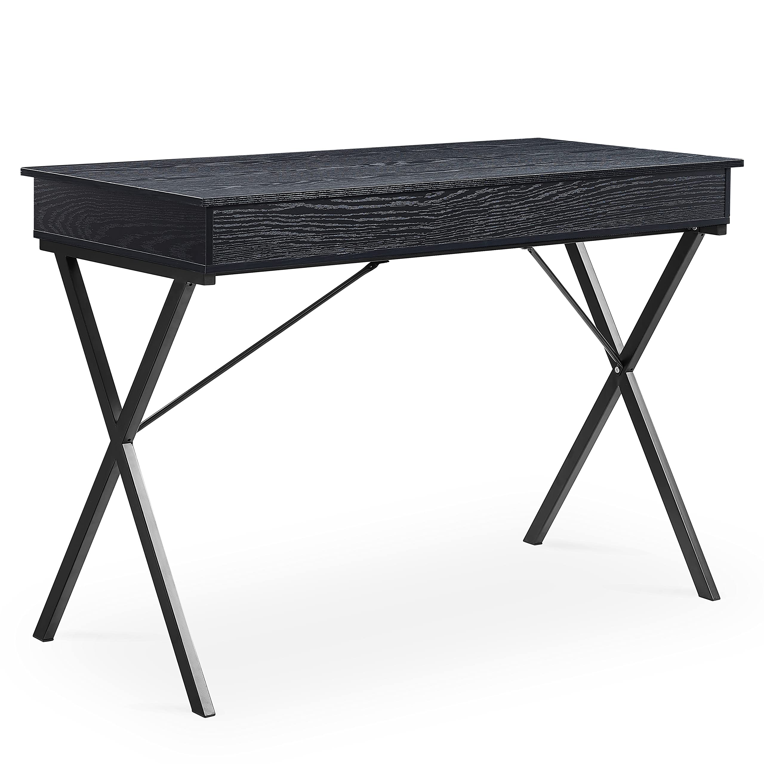 Black Oak 2 Drawers Writing Desk with Black Stoving Varnish Steel Frame & MDF Table Top (42”x20.5”x30”) - Modern Home Office Desk for Small Spaces, Study & Workstation