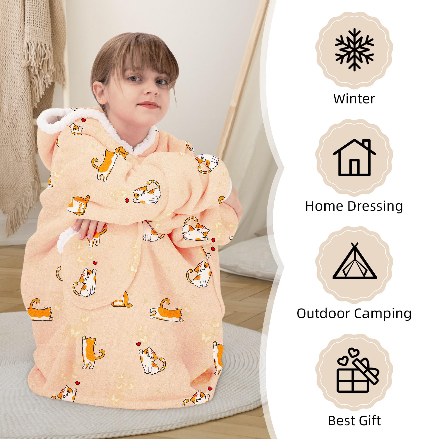 Zando Wearable Blanket Hoodie for Kids & Adults - Oversized Sherpa Fleece Sweatshirt | Cozy Gift for Movie Nights, Camping & Lounge Wear