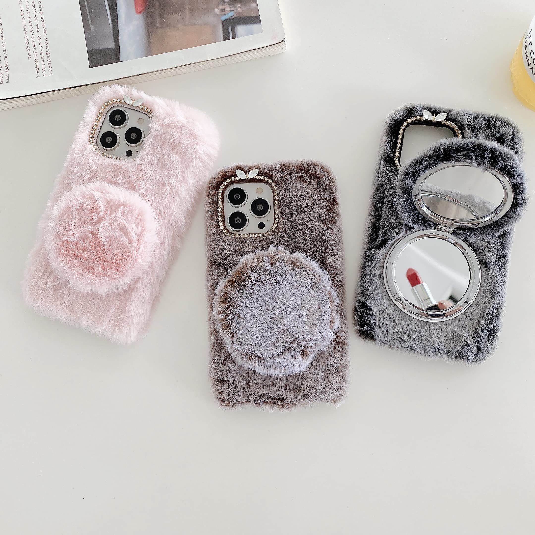 **Omio iPhone 12 Pro Max Case - Plush Fluffy Furry Cover with Detachable Makeup Mirror, Glitter Rhinestone Design, Winter Warm Cute Phone Case for Women & Girls - Perfect for Daily Use, Travel, and Gift Giving**
