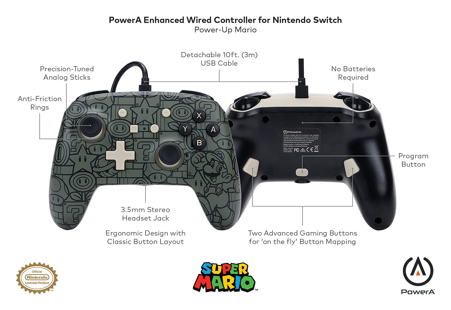 PowerA Enhanced Wired Controller for Nintendo Switch, Switch OLED & Switch Lite - Officially Licensed Mario Edition - Perfect for Gaming, Multiplayer & Family Entertainment
