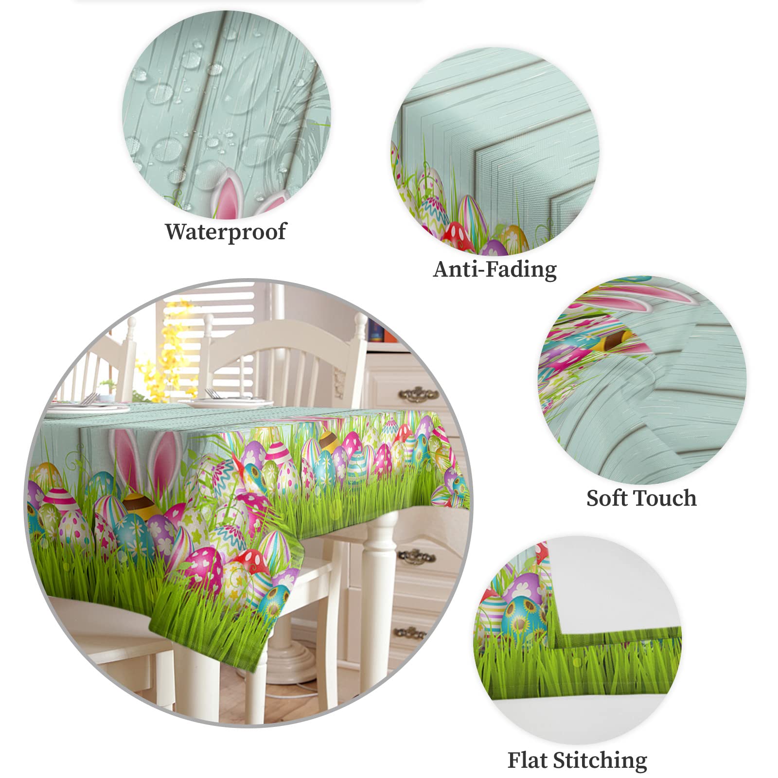 Easter Tablecloth Waterproof - 52x70 Inch Rectangle Easter Bunny & Eggs Design Rustic Wood Spring Table Cover for Kitchen, Party, Outdoor Dining Decor - Perfect for Easter Celebrations, Spring Gatherings & Home Decor