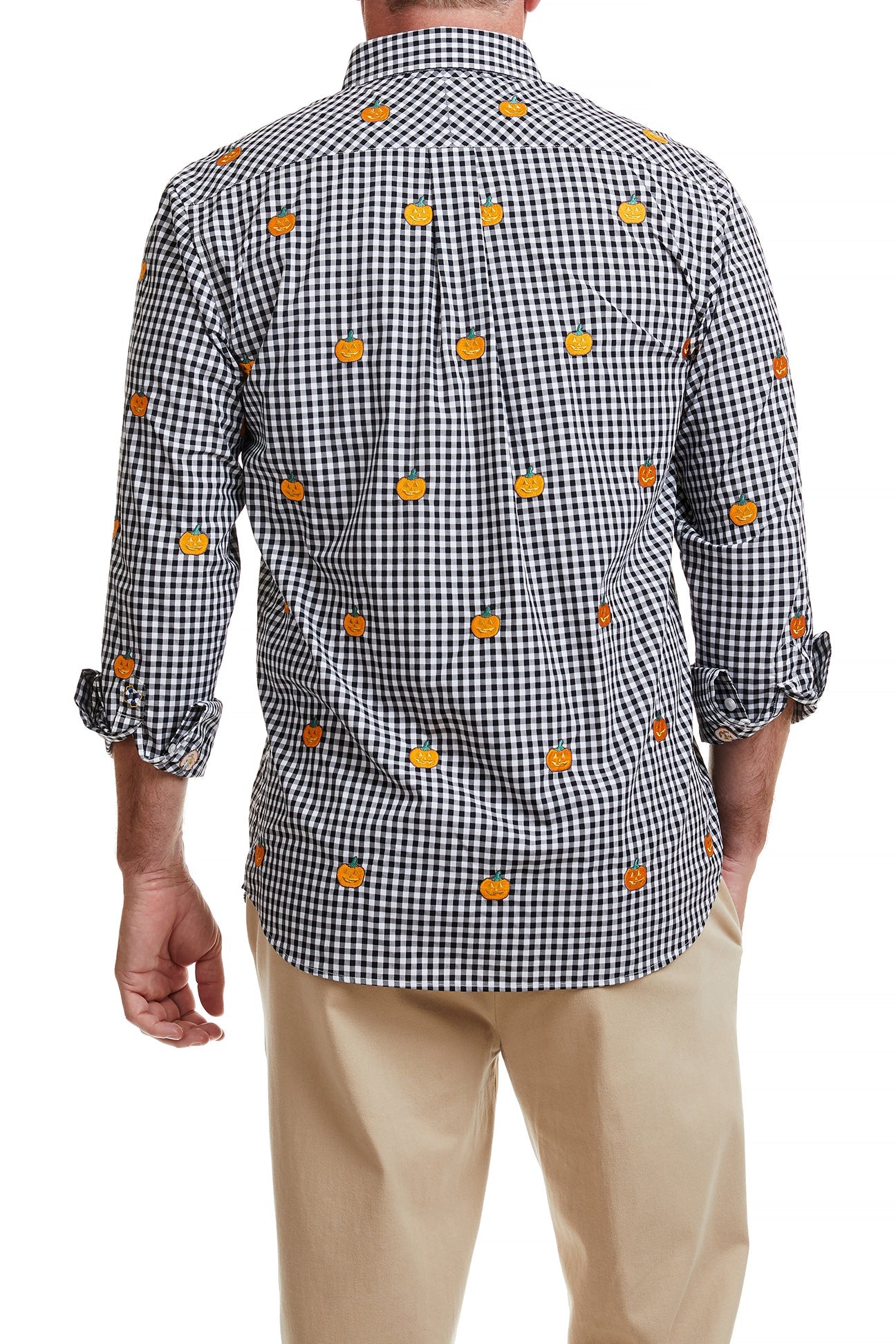 Straight Wharf Men's Shirt - Black Wide Gingham Pattern with Jack O'Lantern Print - Casual Button Down Shirt for Fall, Halloween Parties & Outdoor Activities