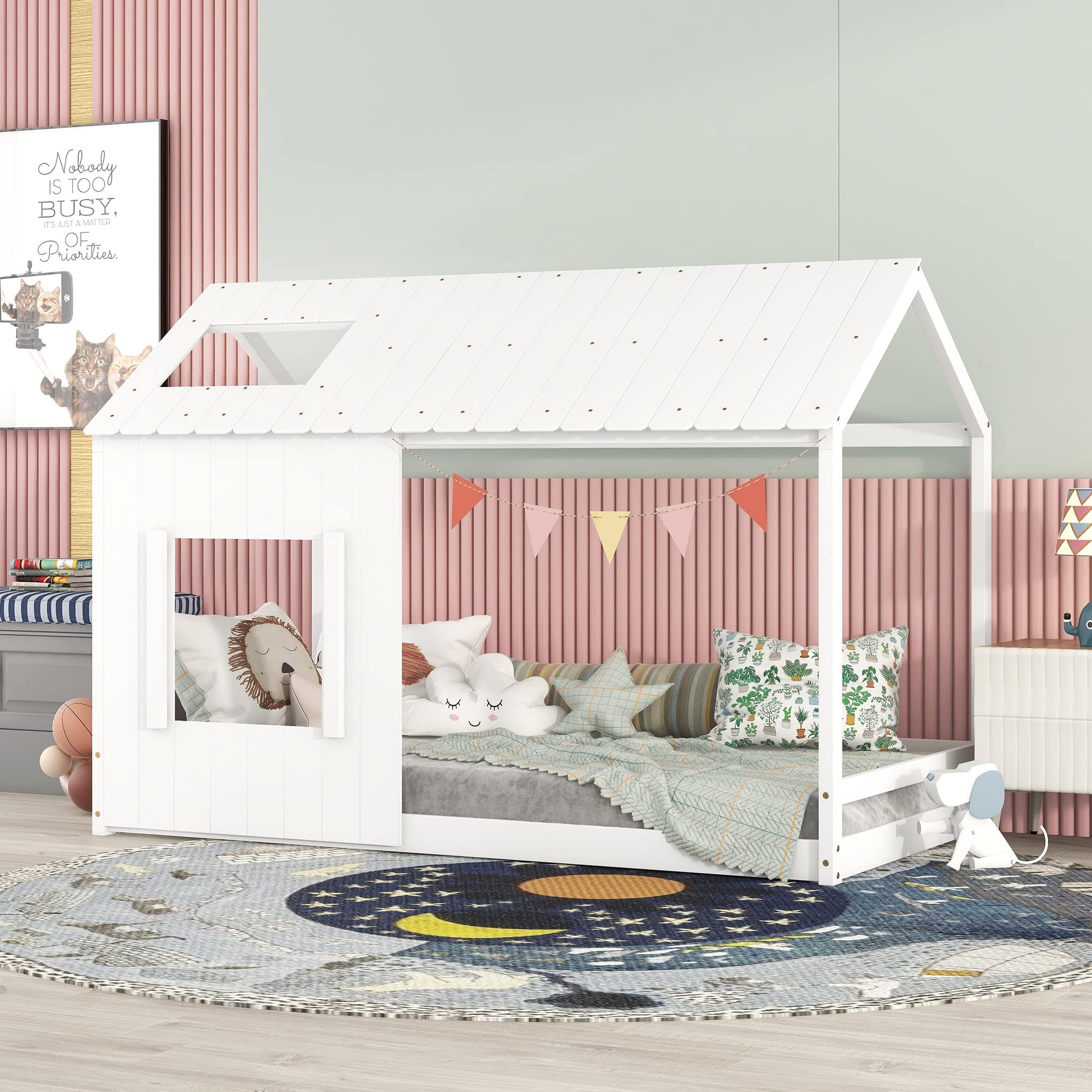 Montessori Twin Size Floor Bed with Roof & Window - Solid Wood Platform Bed Frame for Kids, Teens, Girls & Boys - White - Perfect for Playrooms, Bedrooms & Montessori Learning Spaces
