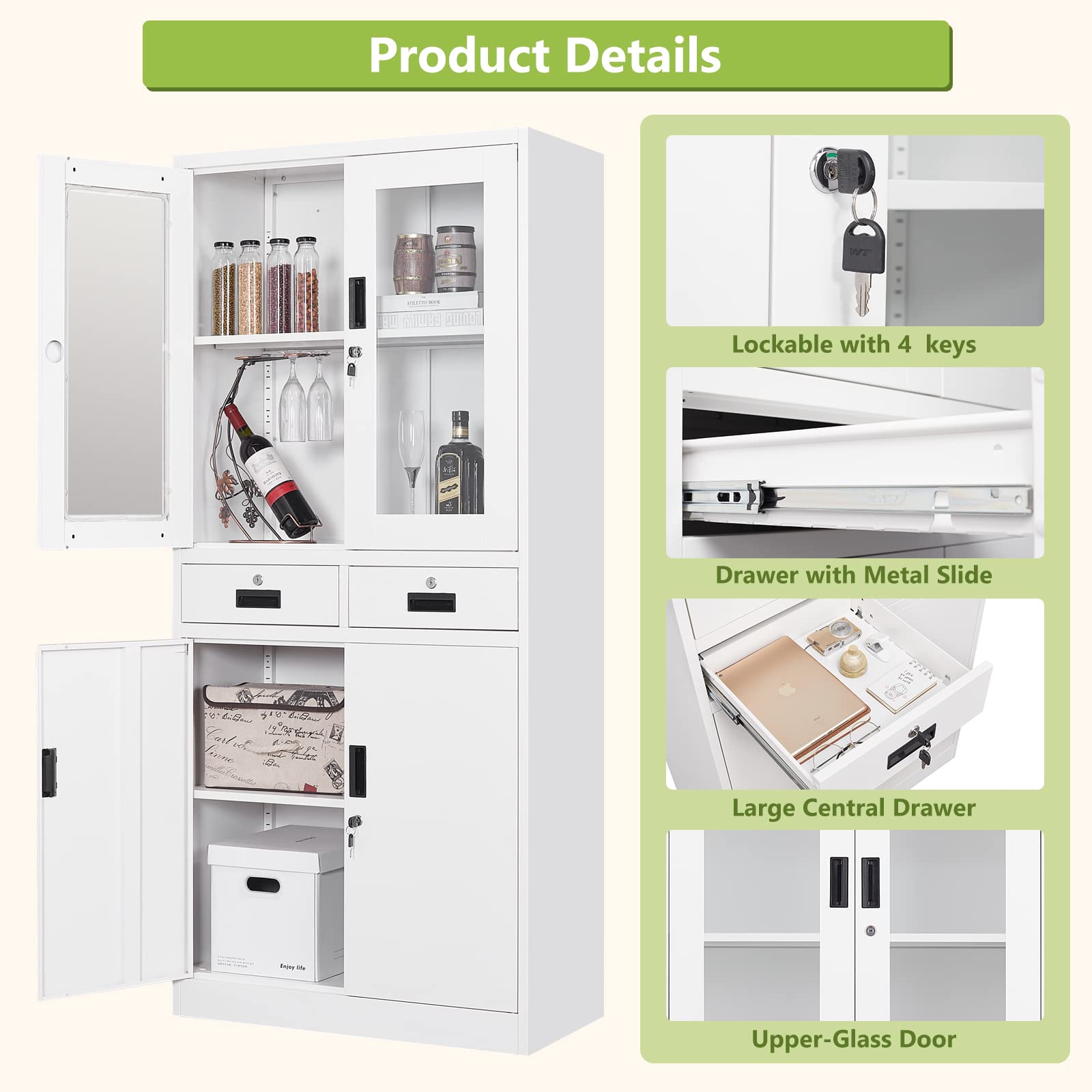 71'' Tall White Metal Storage Cabinet with Locking Doors & Adjustable Shelves - Freestanding Glass Display Cabinet for Kitchen Pantry, Living Room, or Office Organization