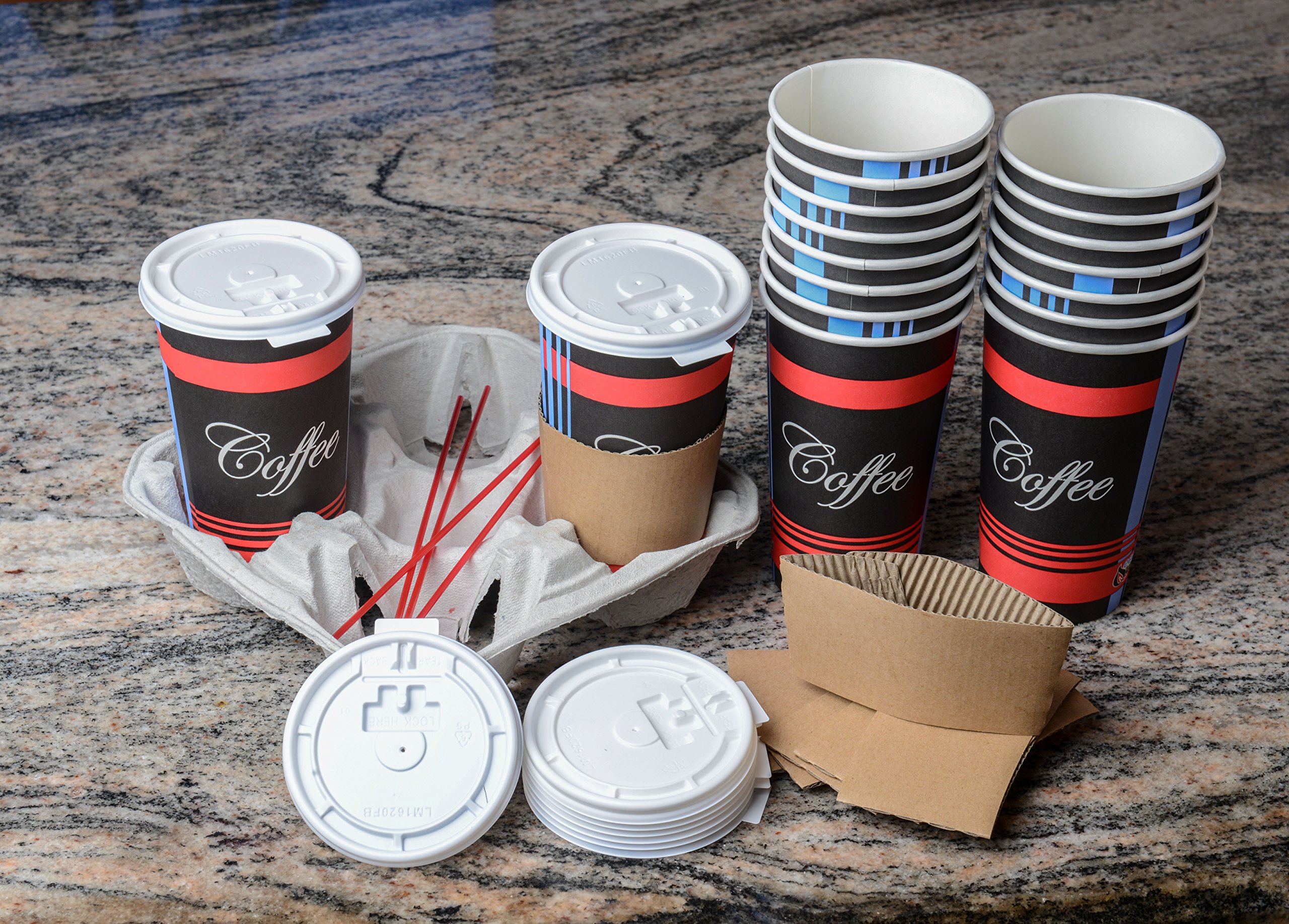 100-Pack 20oz Disposable Paper Coffee Cups with Lids, Sleeves & Stirrers - Hot/Cold Drink Travel Mugs for Coffee, Tea, Chocolate & Latte - Perfect for Office, Parties, Cafes and On-the-Go Use