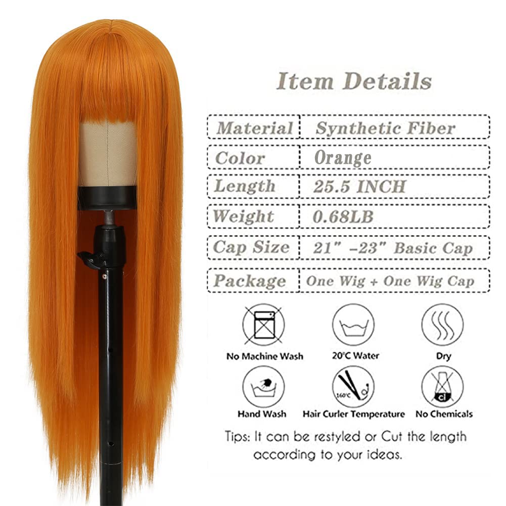 Kaneles Orange Long Straight Wigs for Women with Bangs - Heat Resistant Synthetic Fiber Cosplay Party Wig for Halloween, Costume Events & Anime Conventions
