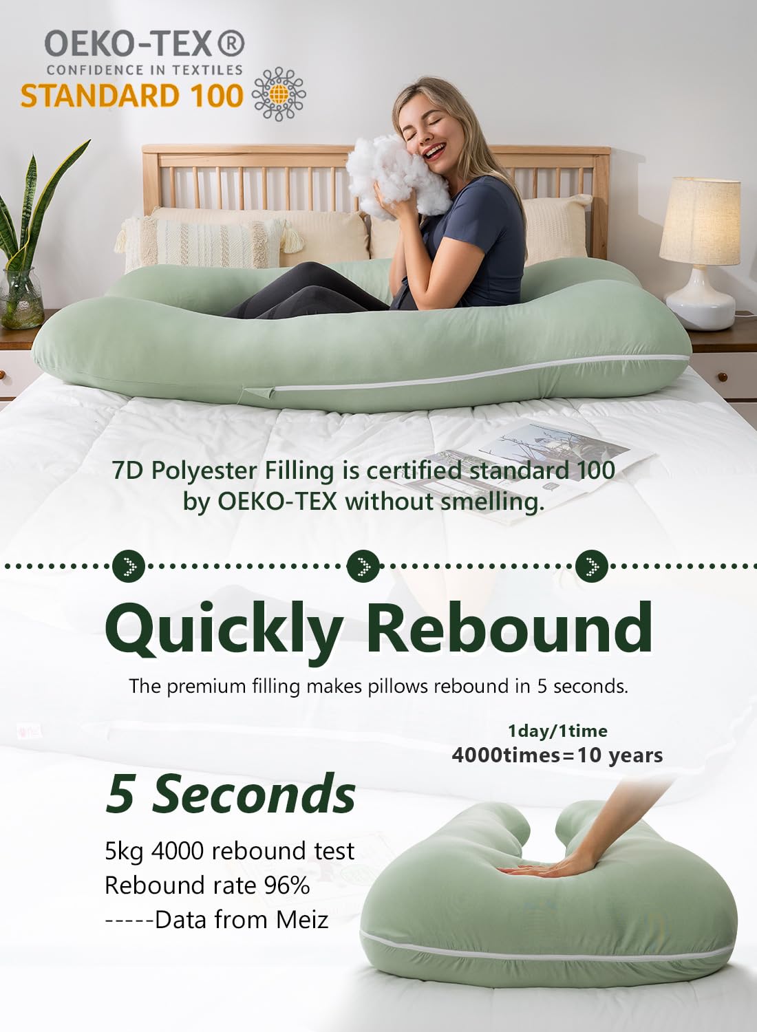Meiz U-Shaped Pregnancy Pillow - Cooling Maternity Support for Sleeping, Sage Green - Perfect for Comfort During Pregnancy & Nursing
