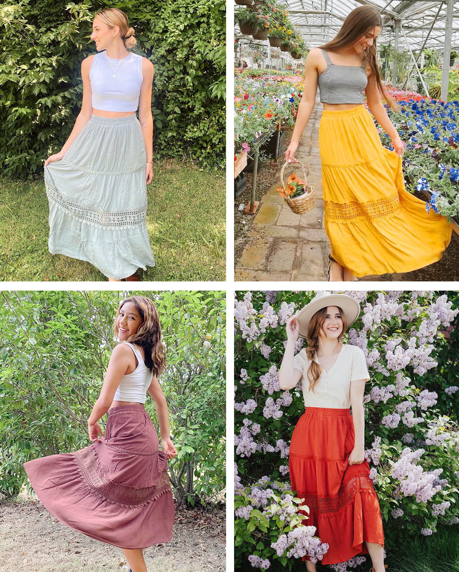 MEROKEETY Women's Bohemian Elastic High Waist Pleated A-Line Ruffle Lace Trim Tiered Midi Maxi Skirt with Pockets - Perfect for Summer, Beach, Vacation & Casual Outfits