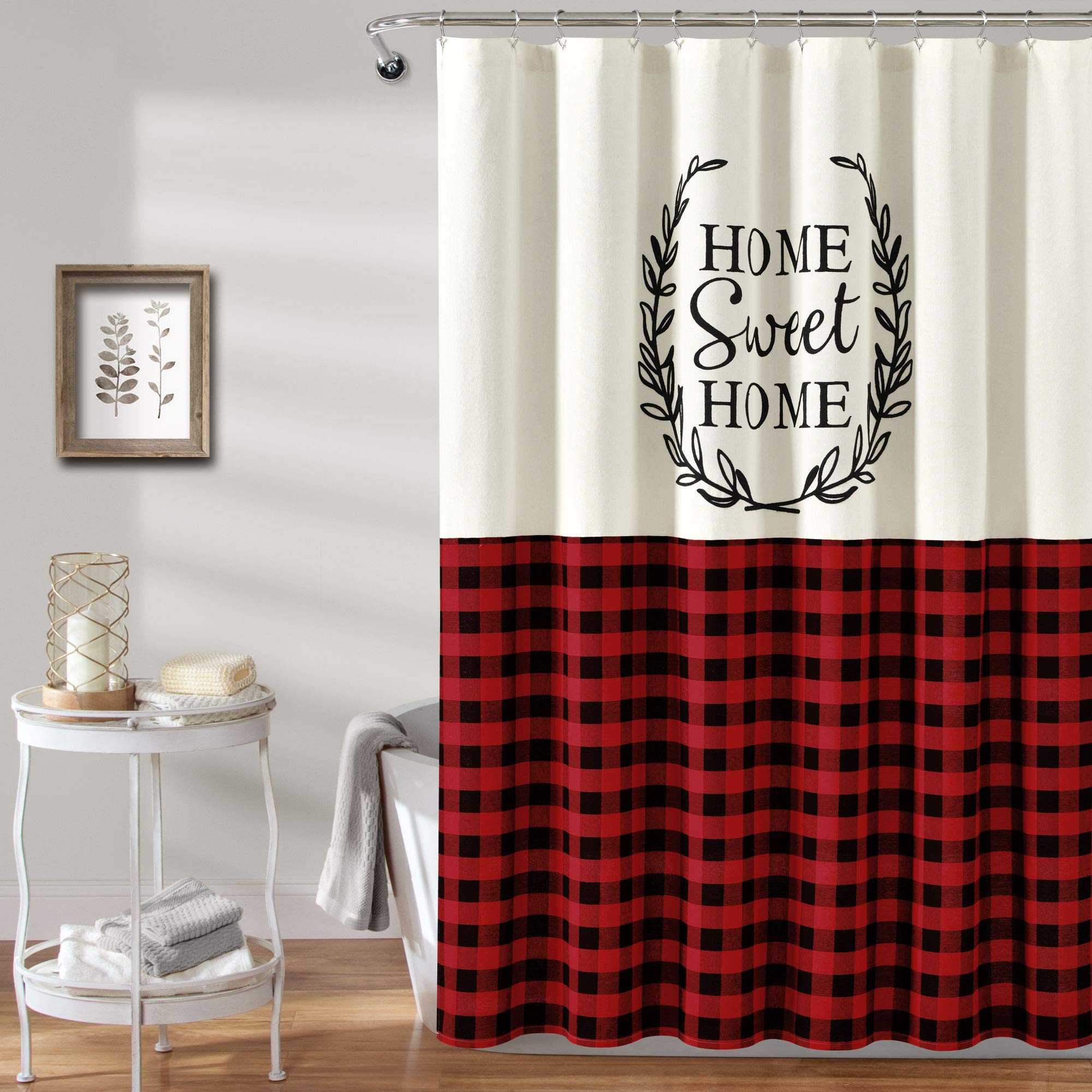Lush Decor Red Buffalo Plaid Cotton Shower Curtain 72x72 Inches - Farmhouse Rustic Bathroom Decor with 