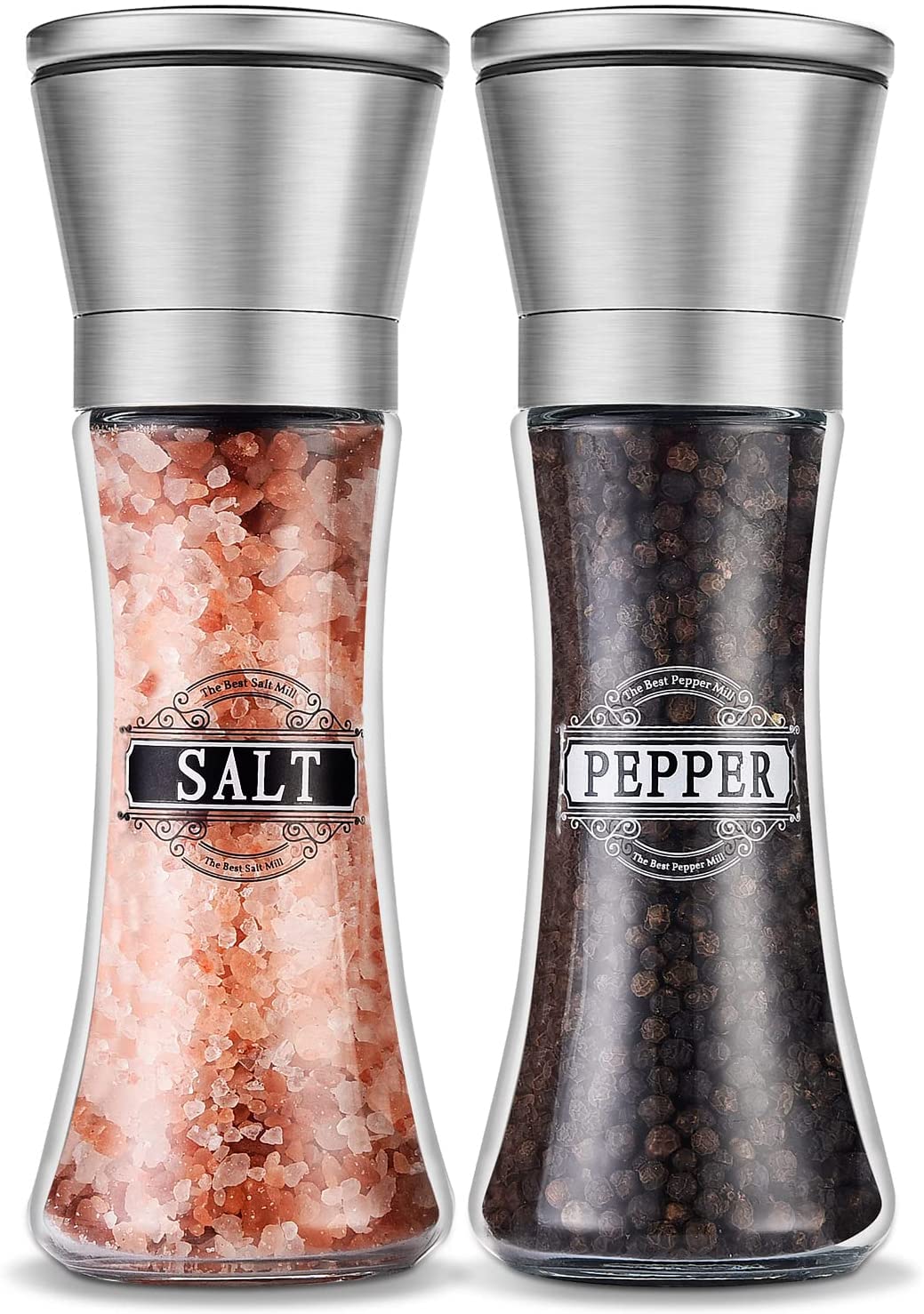 Premium Stainless Steel Salt and Pepper Grinder Set - Adjustable Coarseness, Refillable, Unique Pattern Design - Ideal for Kitchen, Dining Table & Spice Lovers - Perfect for Sea Salt, Black Pepper & Seasonings