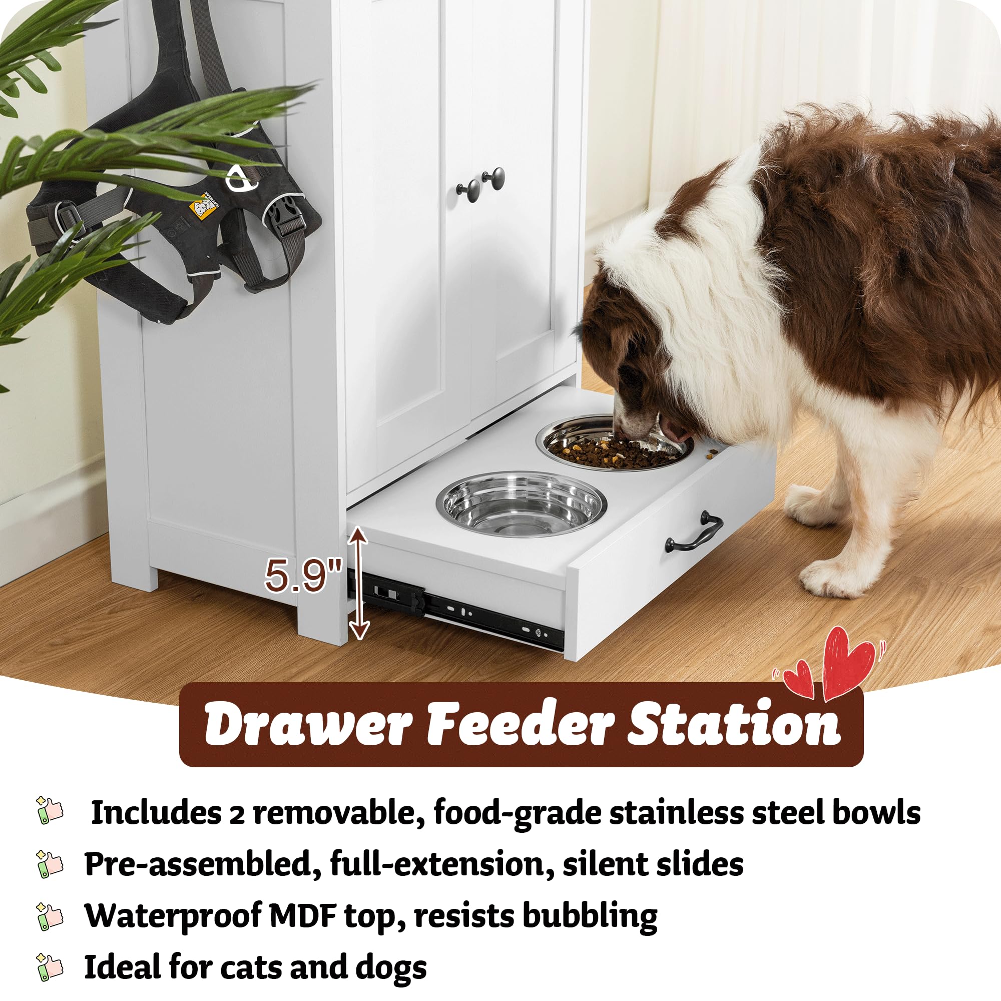 ALINE FURNITURE Elevated Dog Feeding Station with Storage Cabinet - Includes 2 Raised Dog Bowls, Hidden Pet Food Organizer for Dogs & Cats - White Wooden Pet Feeder for Kitchen or Living Room