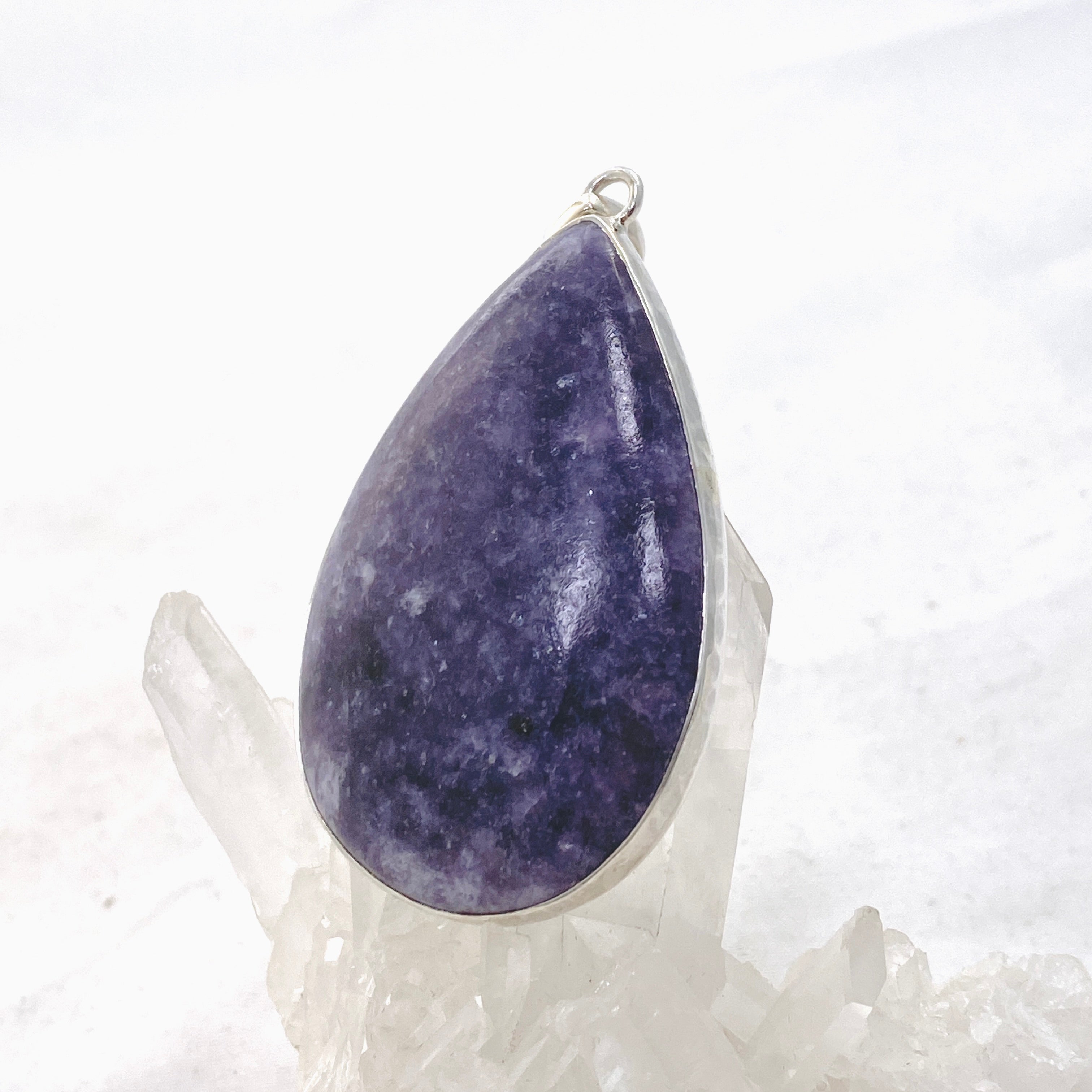 Lepidolite Teardrop Cabochon Pendant in Hammered Sterling Silver Setting KPGJ4609 - Healing Crystal Jewelry for Stress Relief & Meditation