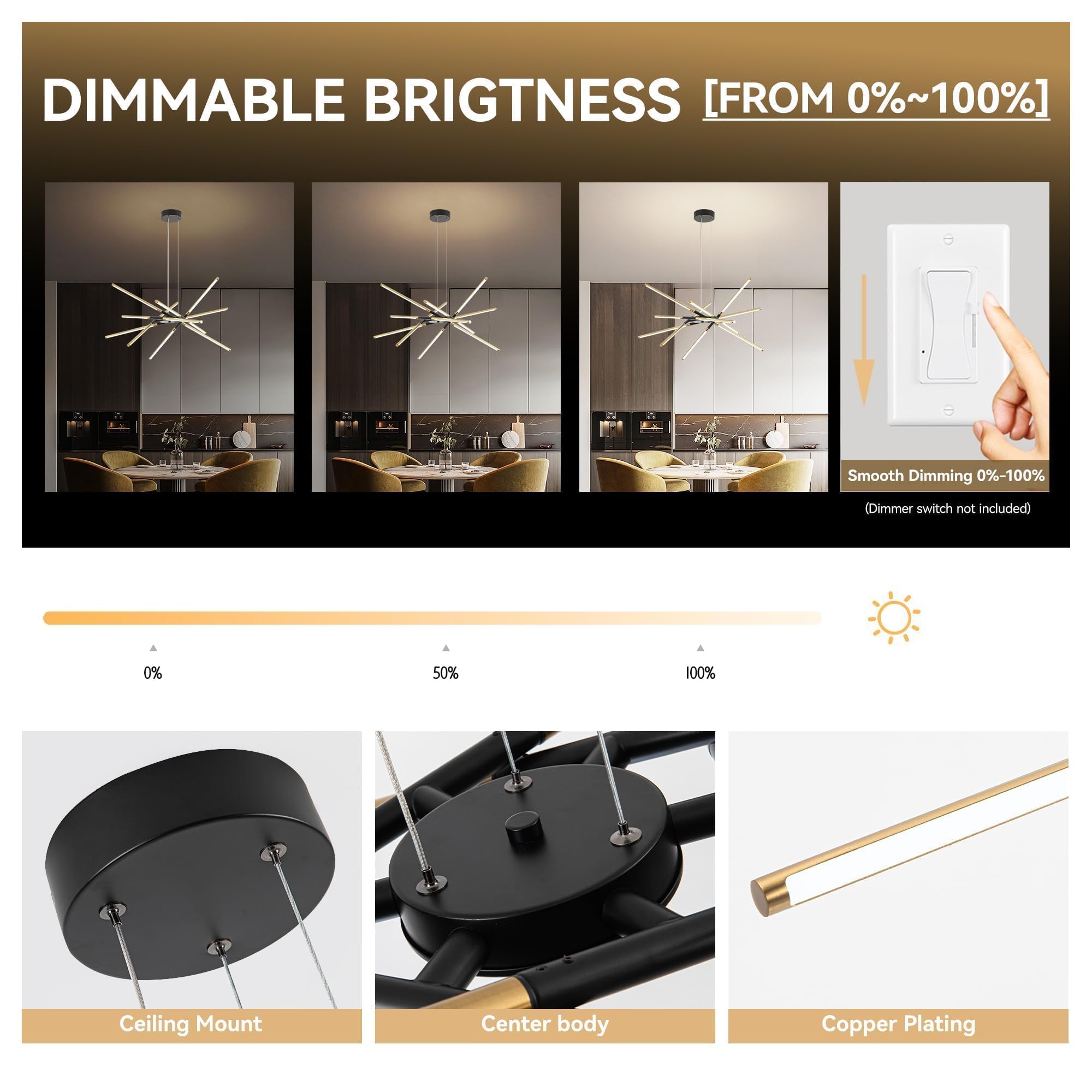36in Modern LED Chandelier 12 Heads, 48W Dimmable Hanging Ceiling Light in Black and Gold - Adjustable Length for Kitchen Island, Dining Room, Bedroom, Living Room - Perfect for Modern Home Decor, Wedding Lighting, and Restaurant Ambiance