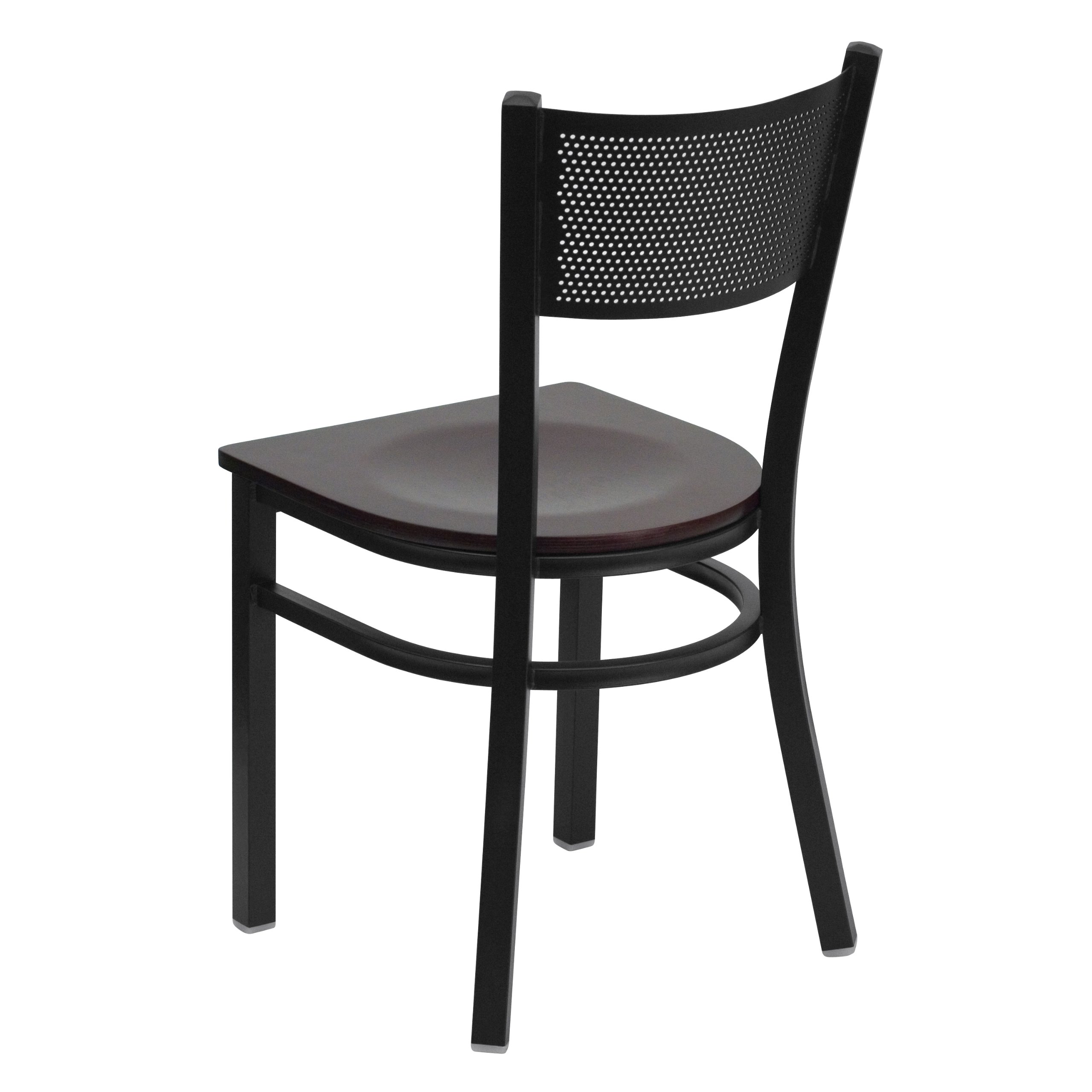 Black Grid Back Metal Restaurant Chair with Mahogany Wood Seat - Durable Commercial Dining Chairs for Cafes, Bistros, and Home Kitchens