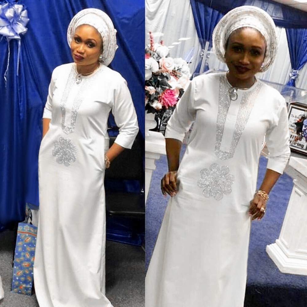 Elegant White Diamond-Bordered Slim Fit Maxi Dress for Women with Matching Headwrap - African Inspired Formal & Party Wear - Perfect for Weddings, Church, and Special Occasions