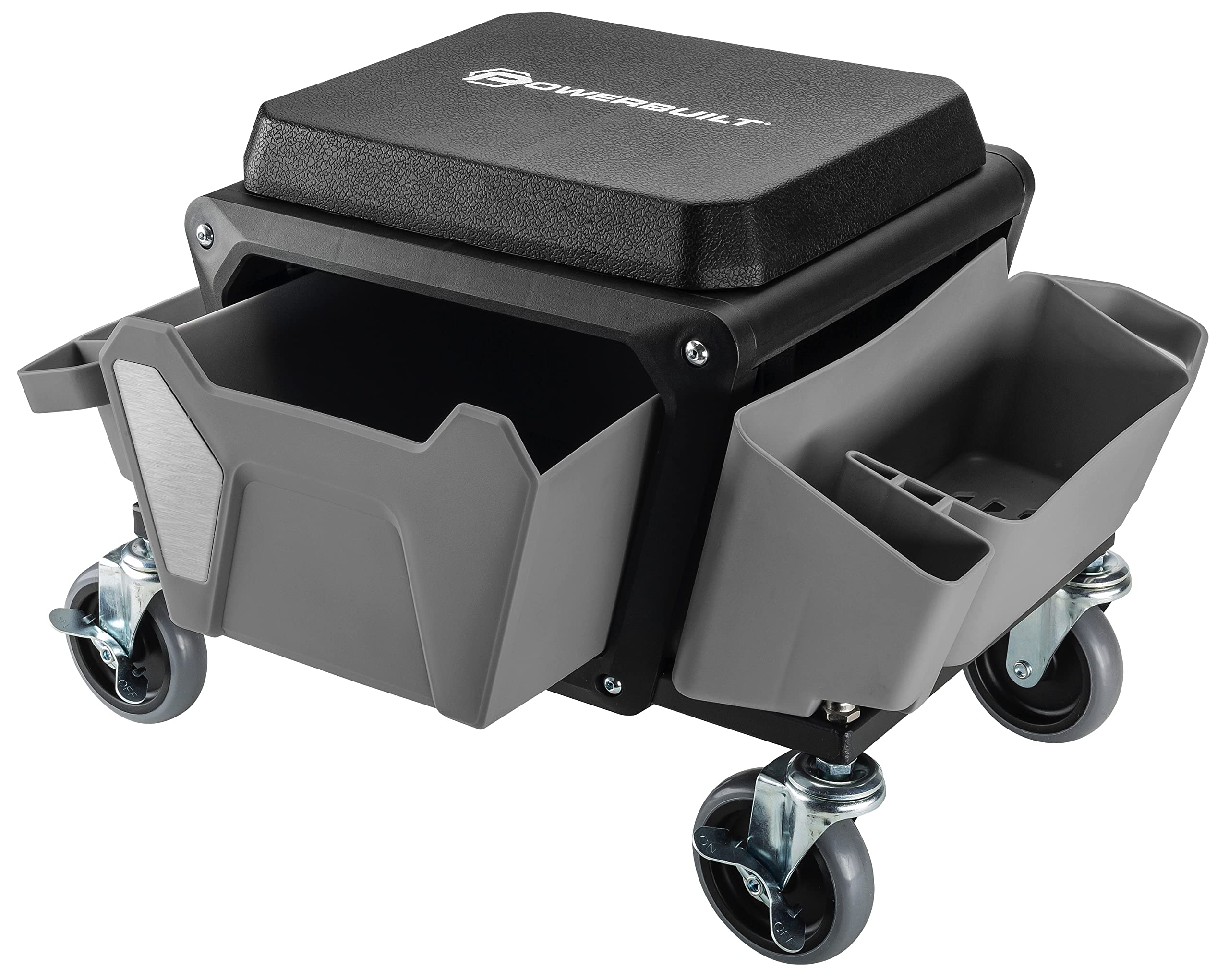 Powerbuilt Rolling Work Seat Stool with 4-inch Lockable Wheels - Heavy Duty 330 lb Capacity Mechanics Stool with Tool Trays & Drawer, Large Seating Platform - Perfect for Garage Work, Auto Repair, Gardening & DIY Projects (Grey, Model 941881ECE)