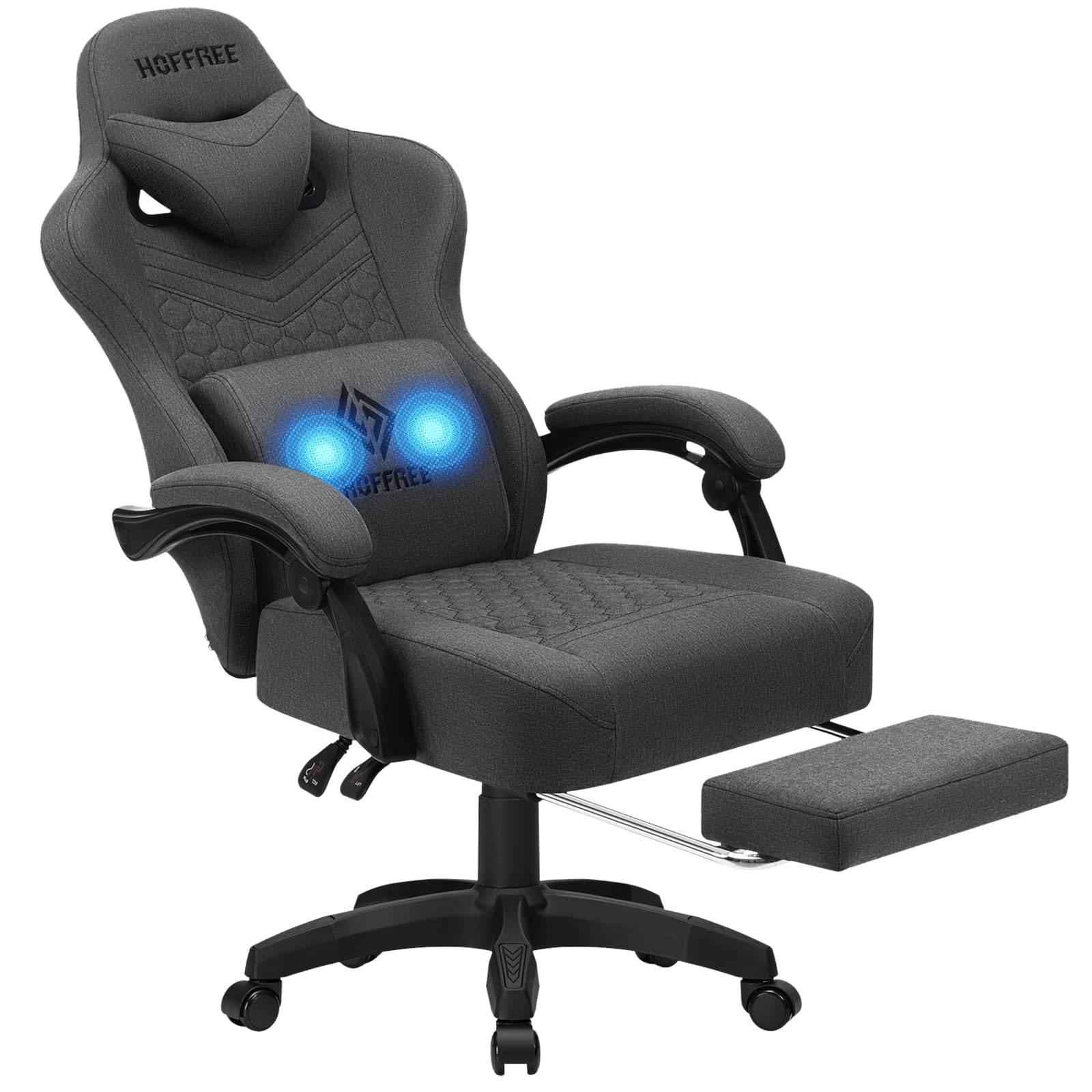**HOFFREE Ergonomic Gaming Chair with Pocket Spring Cushion & Massage - Reclining Computer Chair with Lumbar Support & Footrest - Breathable Fabric for Adults (Gray) - Perfect for PC Gaming, Office Work & Home Use**