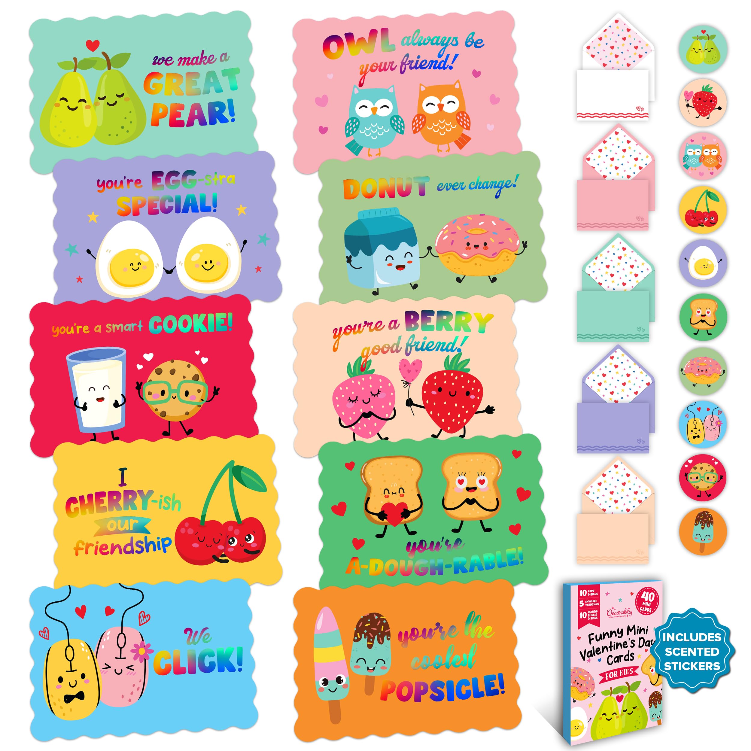 40 Pack Holographic Valentine's Day Cards for Kids - 4.7x3in Mini Funny Postcard-Style Classroom Exchange Cards with Envelopes & Scented Stickers (10 Cute Designs) - Perfect for School Parties, Friendship Gifts and Heart's Day Celebrations