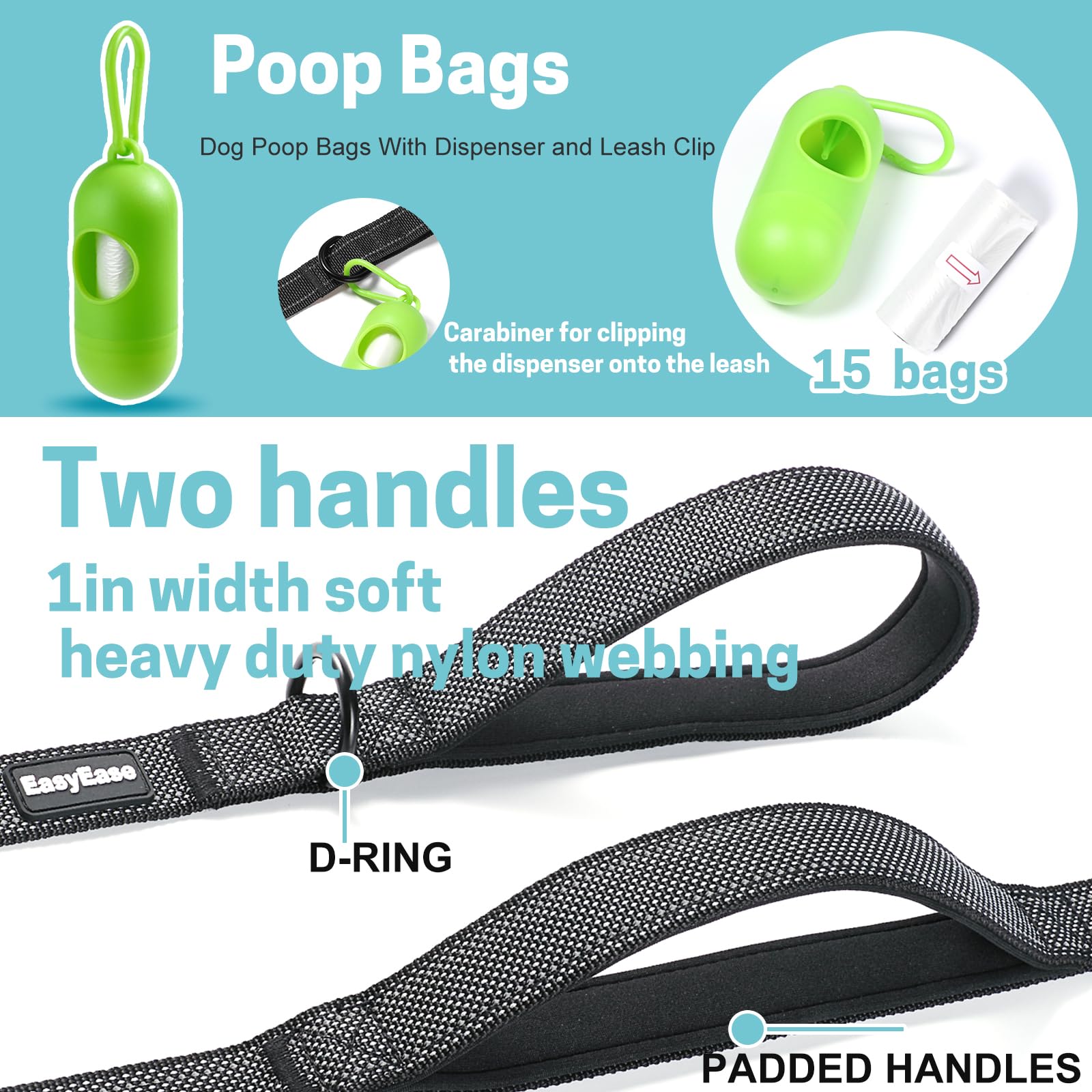 15FT Heavy Duty Reflective Dog Leash with 2 Soft Padded Handles - Durable Training & Walking Lead for Large, Medium & Small Dogs - Perfect for Night Walks, Jogging & Outdoor Adventures