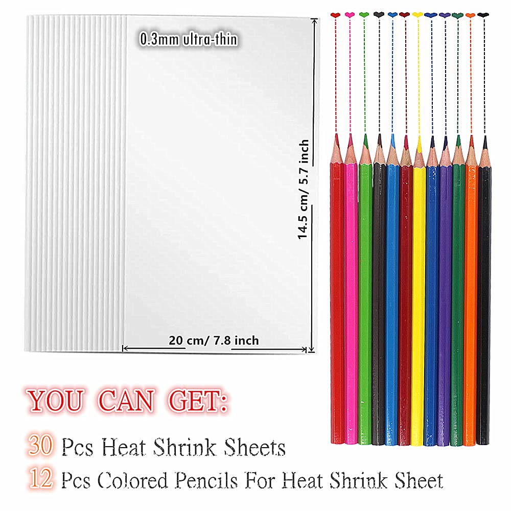 30Pcs Shrink Plastic Sheets for DIY Crafts & Jewelry Making with 12 Colored Pencils - Kids Art Projects