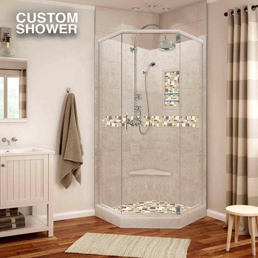 Custom Shower Kits - Neo Corner Pan, Walls, Thresholds & Optional Glass Enclosure | DIY Bathroom Remodeling Solution for Modern Homes