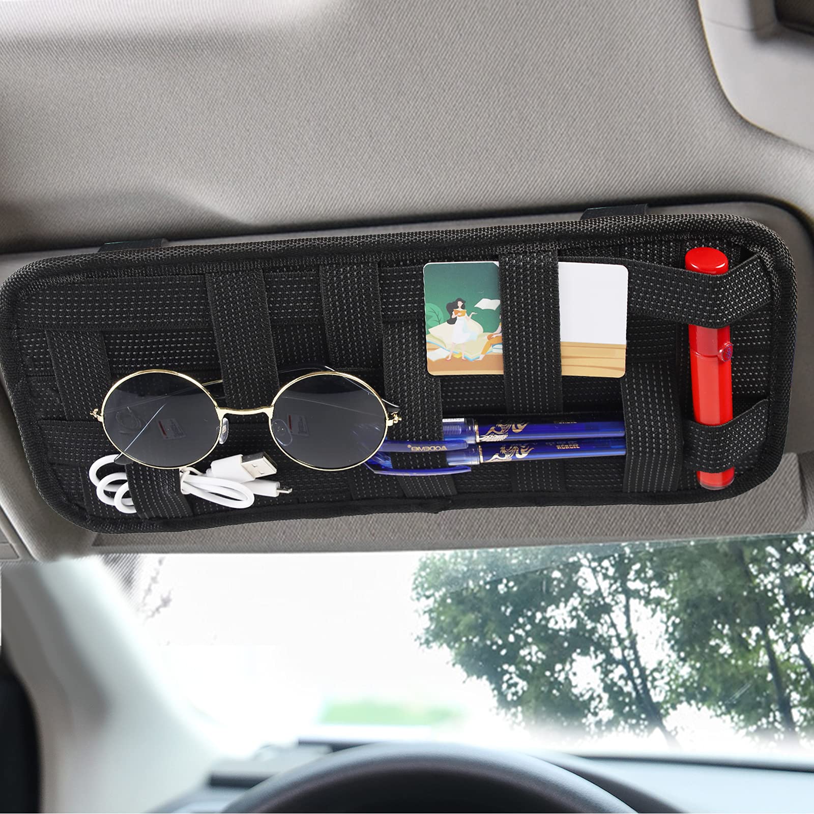 Car Sun Visor Organizer with Crossed Non-Slip Elastic Bands - Secure Storage for Sunglasses, Phones & Small Accessories - Perfect for Road Trips & Daily Commute