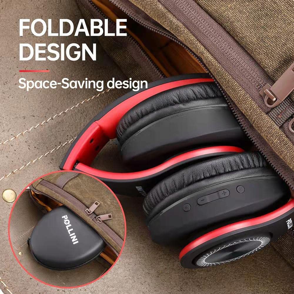 Pollini 40H Wireless Bluetooth Headphones - 40H Playtime, Foldable Over-Ear Headset with Mic, Deep Bass Stereo & Memory-Protein Earmuffs for Phone/PC (Red) | Perfect for Travel, Workouts & Home Office Use