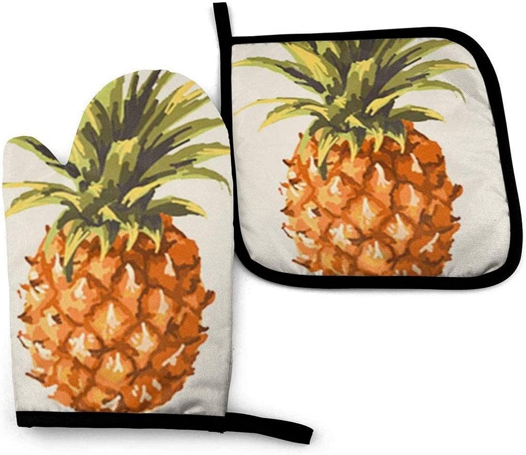 Vintage Pineapple Oven Mitt and Pot Holder Kitchen Set of 2 - Heat Resistant Baking Gloves & Hot Pads for Cooking, Grilling & Baking - Perfect for Thanksgiving, Christmas & Home Decor