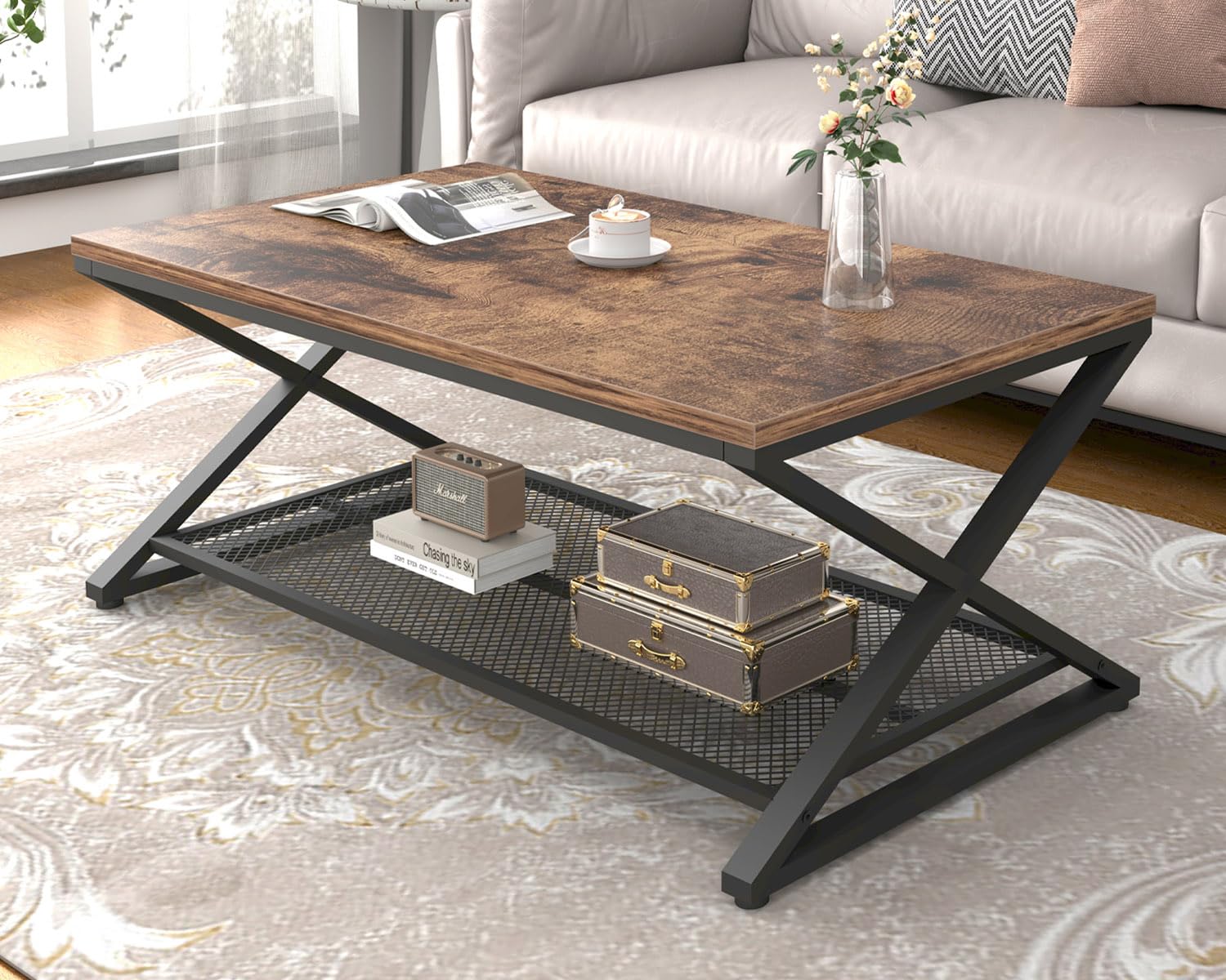 LVB Rustic Coffee Table - 39 Inch Industrial Metal & Wood 2-Tier Cocktail Table with Storage Shelf | Farmhouse Style Rectangle Center Table for Living Room, Office & Bedroom | Rustic Brown Finish | Perfect for Small Spaces, Home Decor & Entertaining Guests