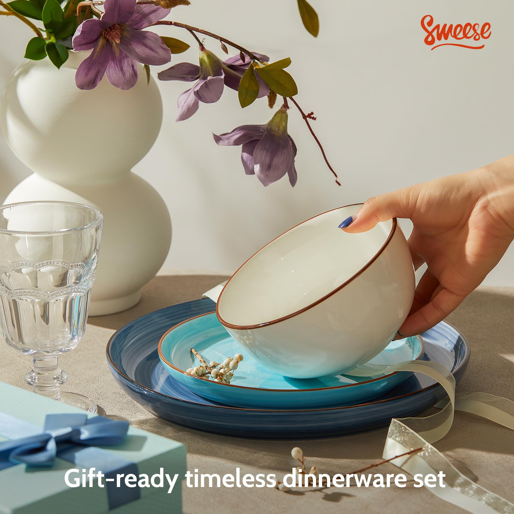 Sweese 18-Piece Porcelain Dinnerware Set - Round Plates & Bowls for 6, Microwave & Dishwasher Safe, Scratch-Resistant Hand-Painted Blue Swirl Design - Perfect for Family Dinners, Parties & Everyday Use