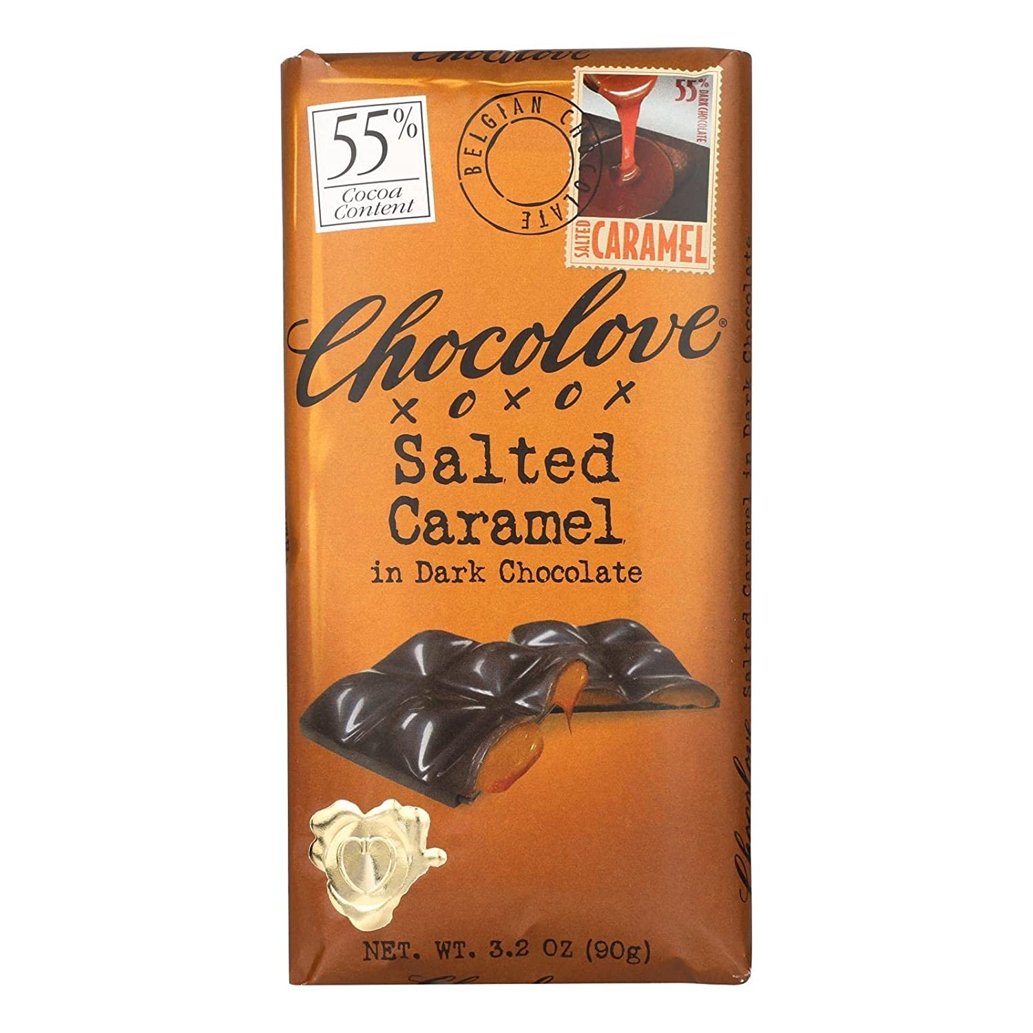 Chocolove xoxox Dark Chocolate Sea Salt Caramel Filled Chocolate Bar - Premium Gourmet Candy for Gifts, Desserts & Snacking