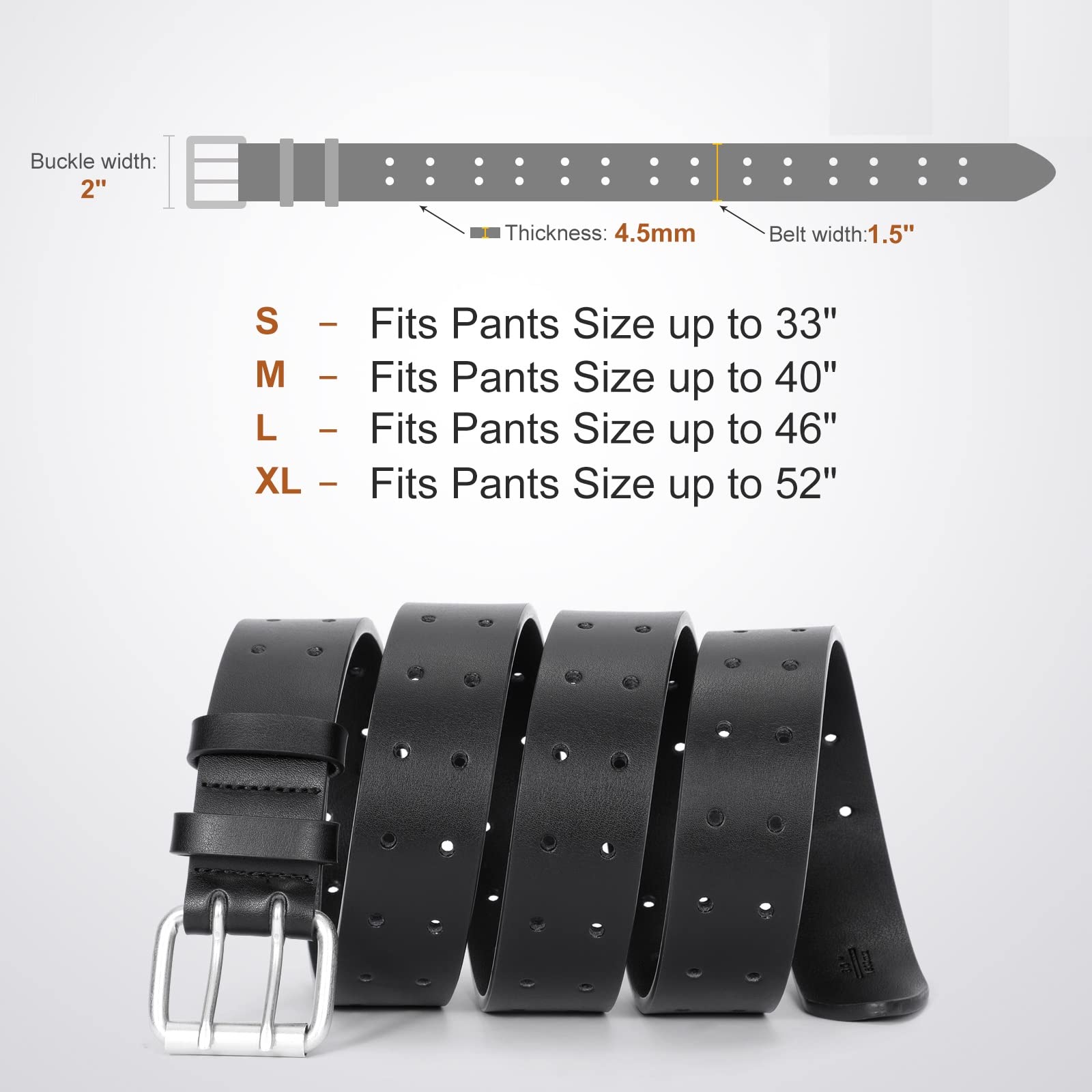 JASGOOL Men's Double Prong PU Leather Belt - Heavy Duty Casual Work Belt with Double Grommet Holes for Jeans | Perfect for Office, Business, and Everyday Wear