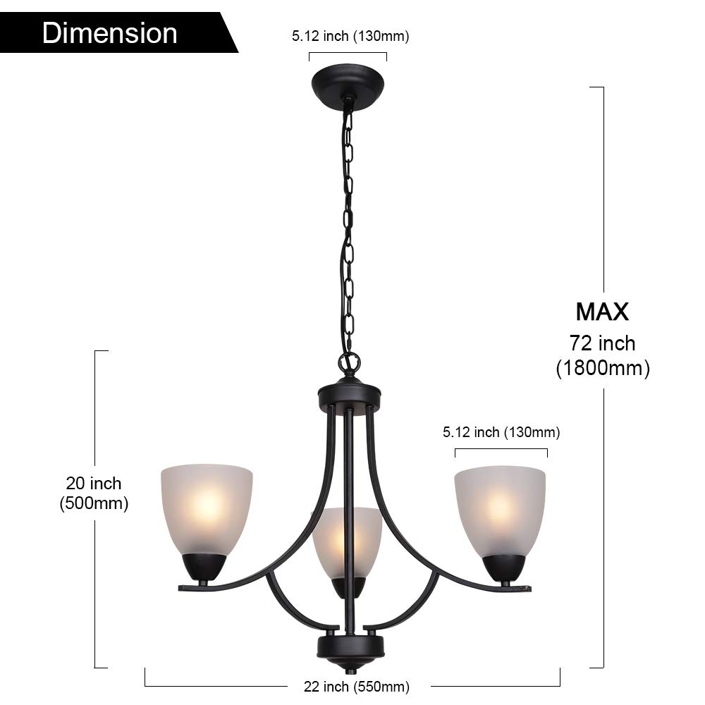 VINLUZ 3-Light Black Rustic Chandelier with Alabaster Glass Shades - Mid Century Modern Ceiling Pendant Lighting Fixture for Bedroom, Dining Room, Foyer & Living Room | Perfect for Farmhouse, Industrial & Contemporary Home Decor