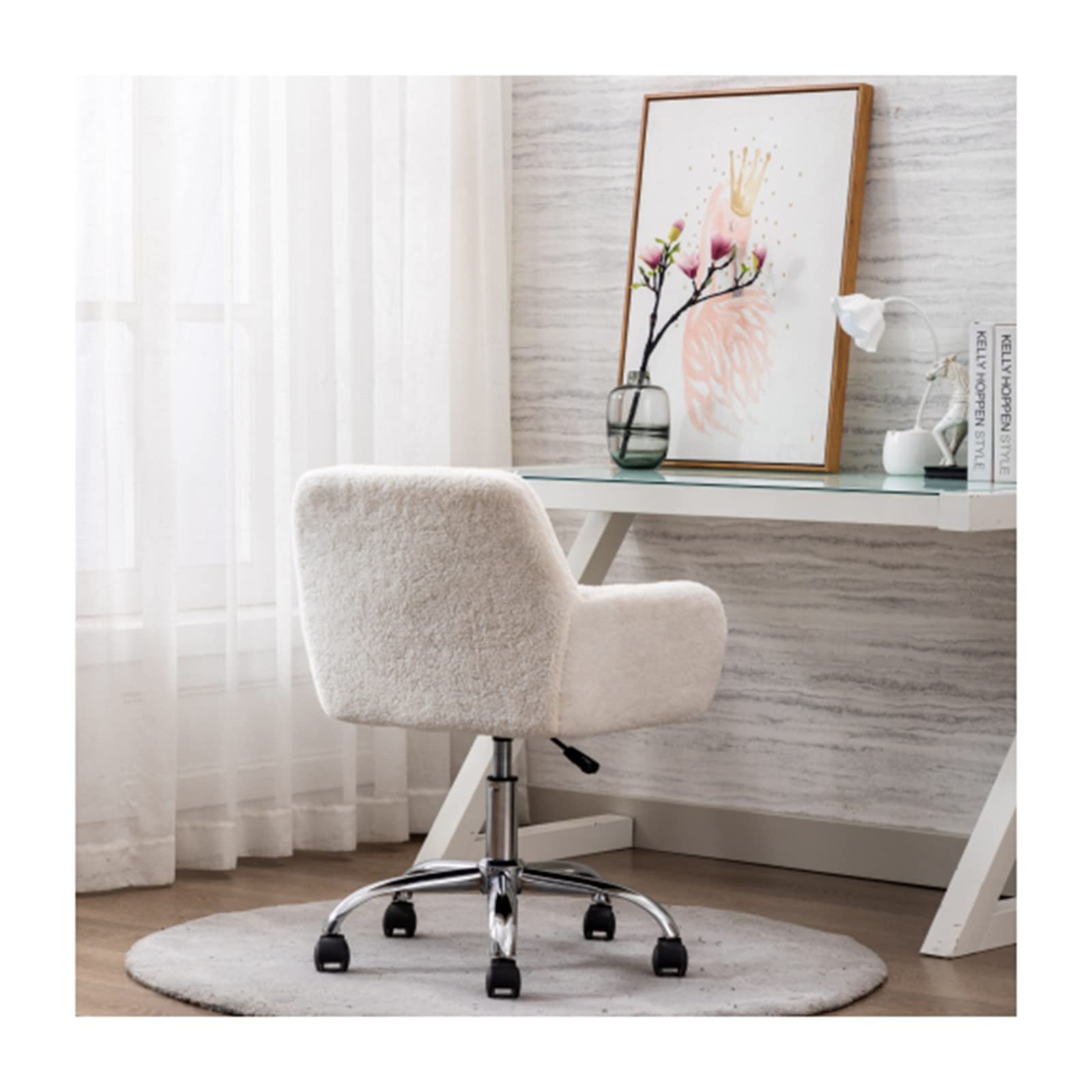 Ergonomic Home Office Desk Chair - Adjustable Upholstered Furry Computer Chair with Lumbar Support for Work, Gaming & Study - White Comfortable Seating for Workspace, Dorm Room or Living Area