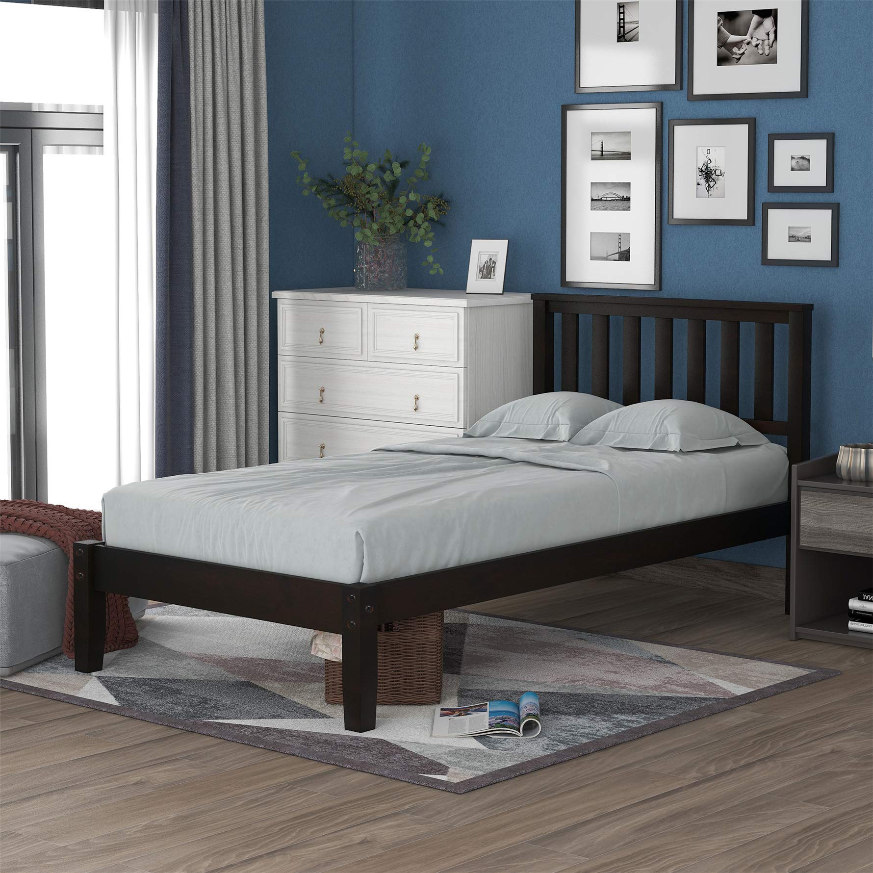 Harper & Bright Designs Twin Size Wood Bed Frame with Headboard - Sturdy Platform Bed with Wooden Slat Support in Espresso Finish - Perfect for Kids Rooms, Guest Bedrooms & Small Spaces