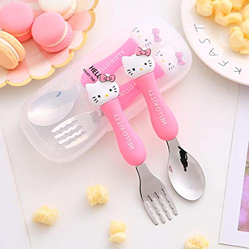 **CherryBox Pink Kitty Stainless Steel Kids Spoon & Fork Set with Storage Box (Dark Pink) - Perfect for School Lunches, Picnics, and Travel**