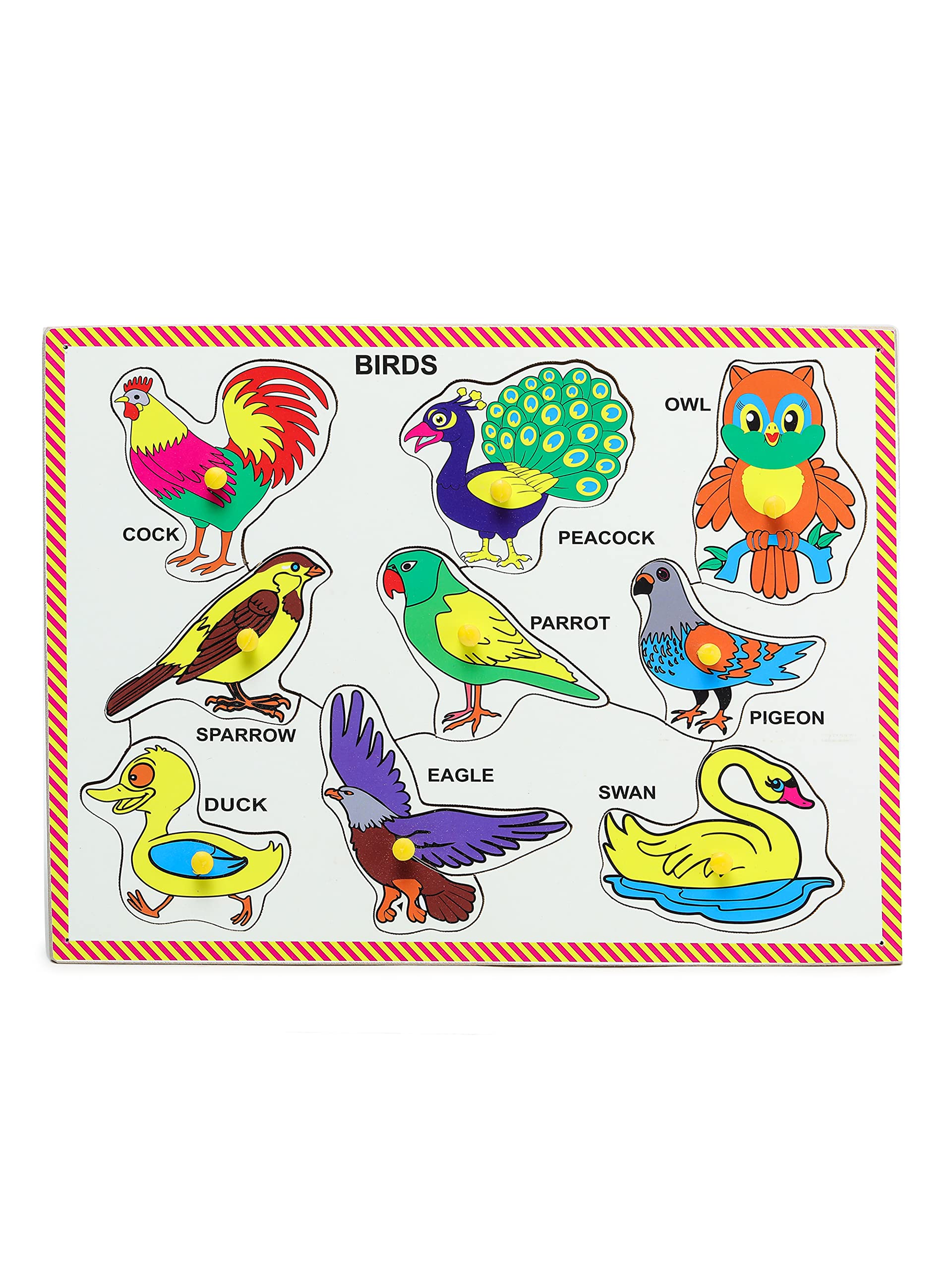 Pine Wood Colorful Learning & Educational Pegged Puzzle Board for Toddlers - Birds with Knobs 9x12 Inch - Montessori Toy for Kids Ages 2+ | Perfect for Early Childhood Development, Preschool Learning & Fine Motor Skills Practice