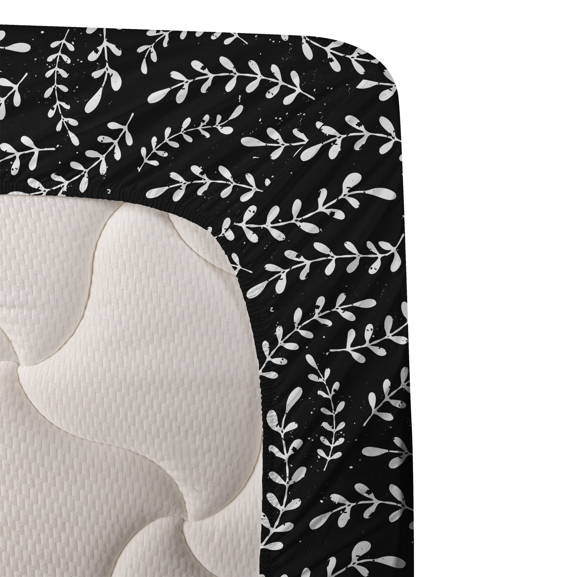 Ambesonne Abstract Laurel Plant Silhouette Bed Sheet Set - 4 Piece King Size with Fitted Sheet, Flat Sheet & Pillowcases - Grunge Pattern Monochrome Illustration in Charcoal Grey & Pearl - Perfect for Modern Bedrooms, Guest Rooms & Bohemian Home Decor