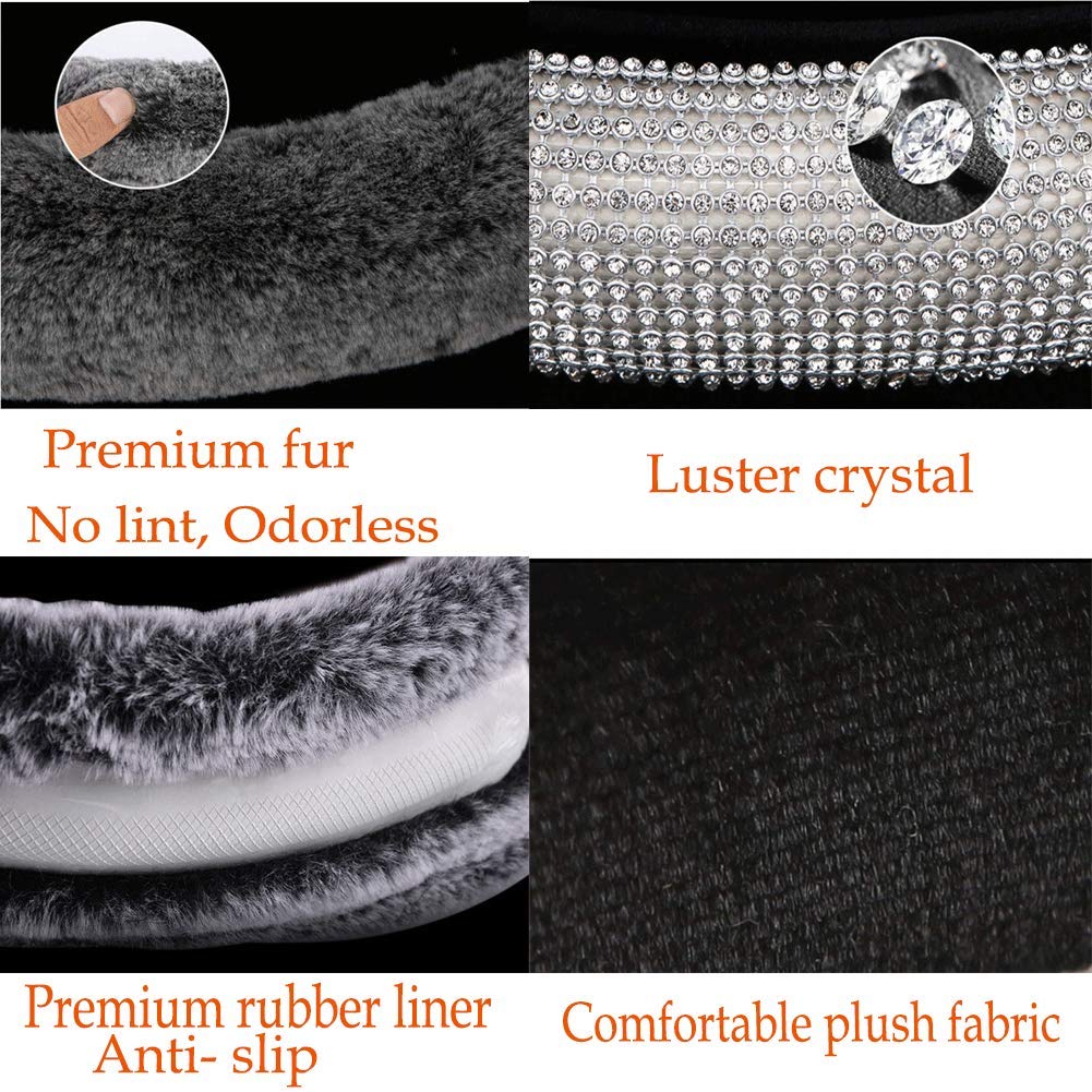 Luxury Rhinestone Car Steering Wheel Cover - Soft Wool Blend, Universal 15 Inch, Non-Slip Grip - Elegant Gray Design for Women & Girls | Perfect for Daily Commute & Road Trips