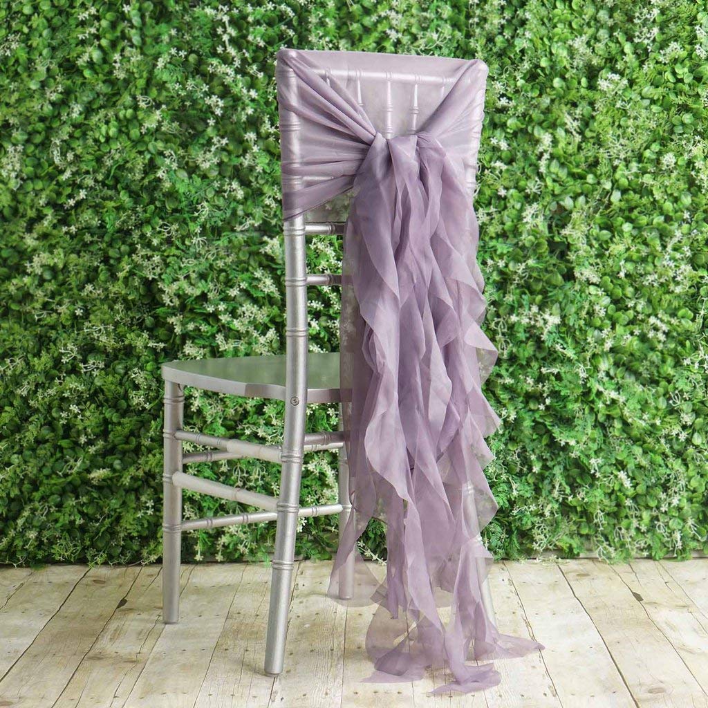 50 Premium Amethyst Curly Chiffon Chair Covers with Sashes - Elegant Wedding, Party, Ceremony & Reception Decorations for Banquet Halls and Event Venues