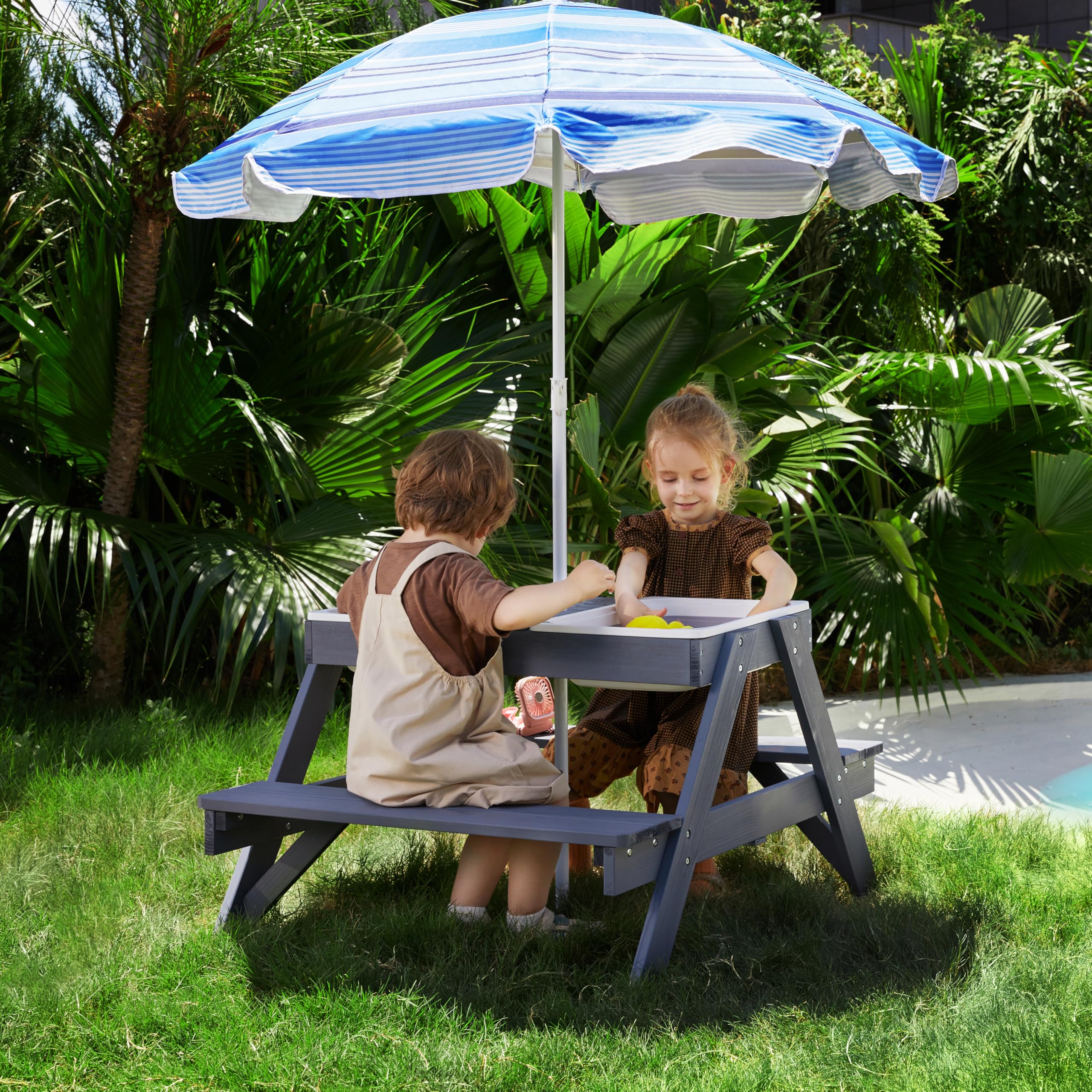 Beright 3-in-1 Adjustable Kids Picnic Table with Umbrella - Outdoor Wooden Sand & Water Sensory Play Table, Removable Tabletop & 3 Storage Bins - Perfect for Backyard, Patio, Park & Beach Playtime
