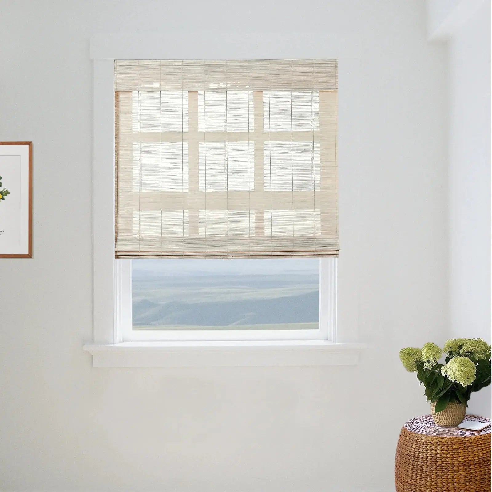 Sybil Bamboo Roman Shade - Pearl White | Natural Eco-Friendly Window Treatment for Living Room & Bedroom | Light Filtering & Privacy Solution