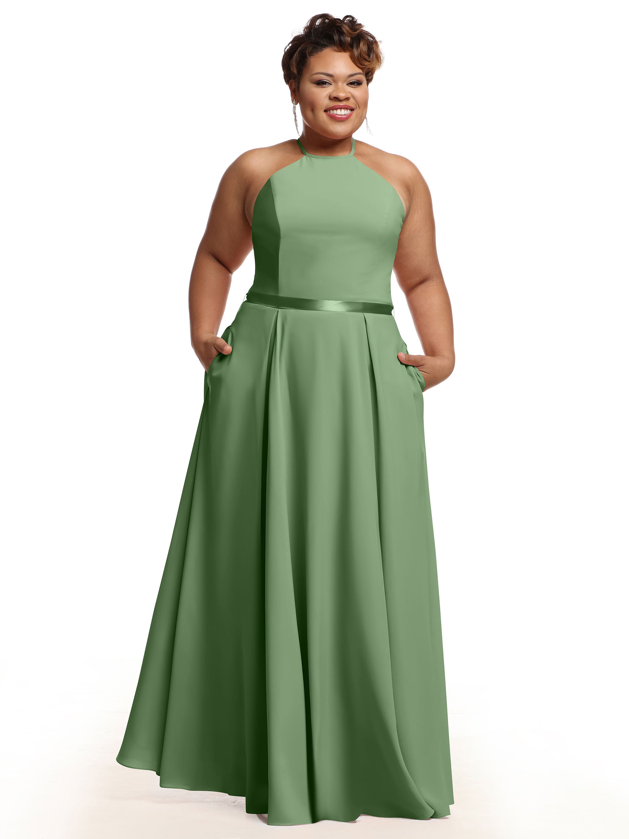 Elegant A-Line Stretch Chiffon Bridesmaid Dress with Halter Neckline & Waist Belt - Perfect for Weddings, Parties & Formal Events