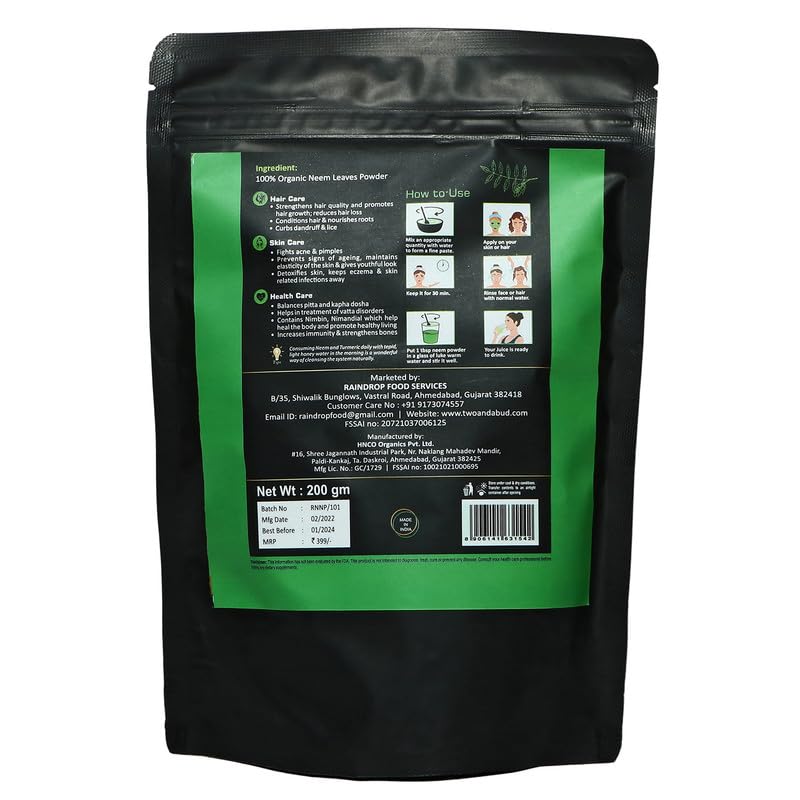 100% Organic Pure & Natural Neem Leaves Powder for Hair Growth & Skin Care - 400g (Pack of 2) | Ayurvedic Treatment for Dandruff, Acne & Scalp Health | Perfect for DIY Hair Masks & Natural Skin Remedies
