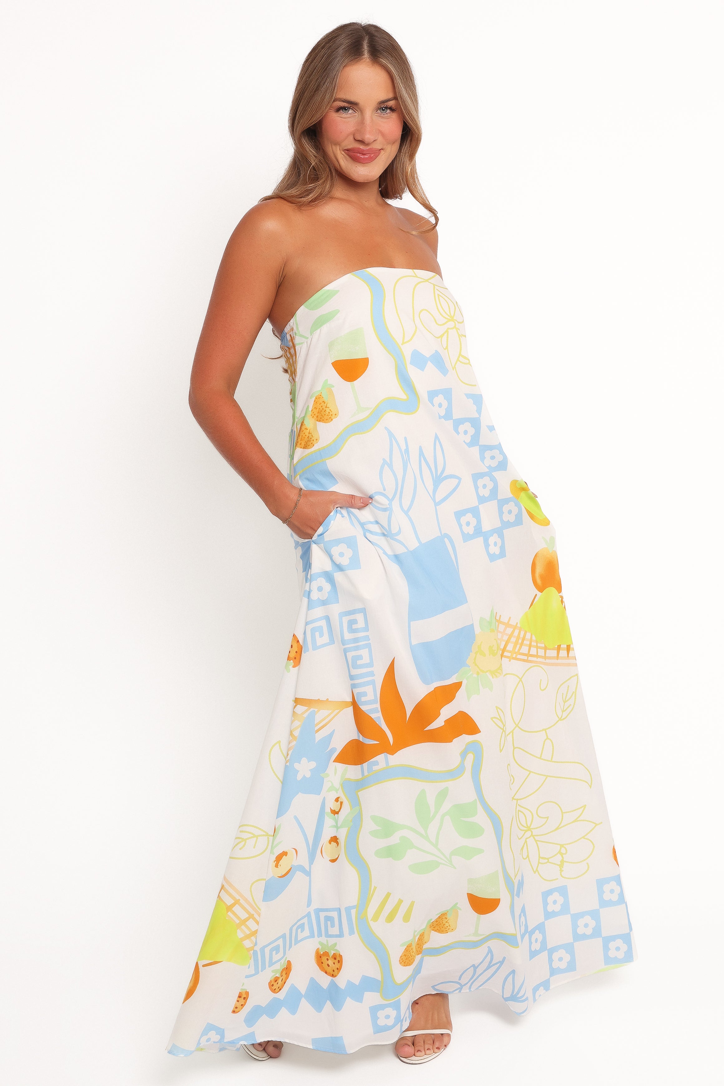Kaelani Strapless Maxi Dress - Floral & Geometric Print Summer Beach Dress for Women | Perfect for Vacations, Weddings & Date Nights