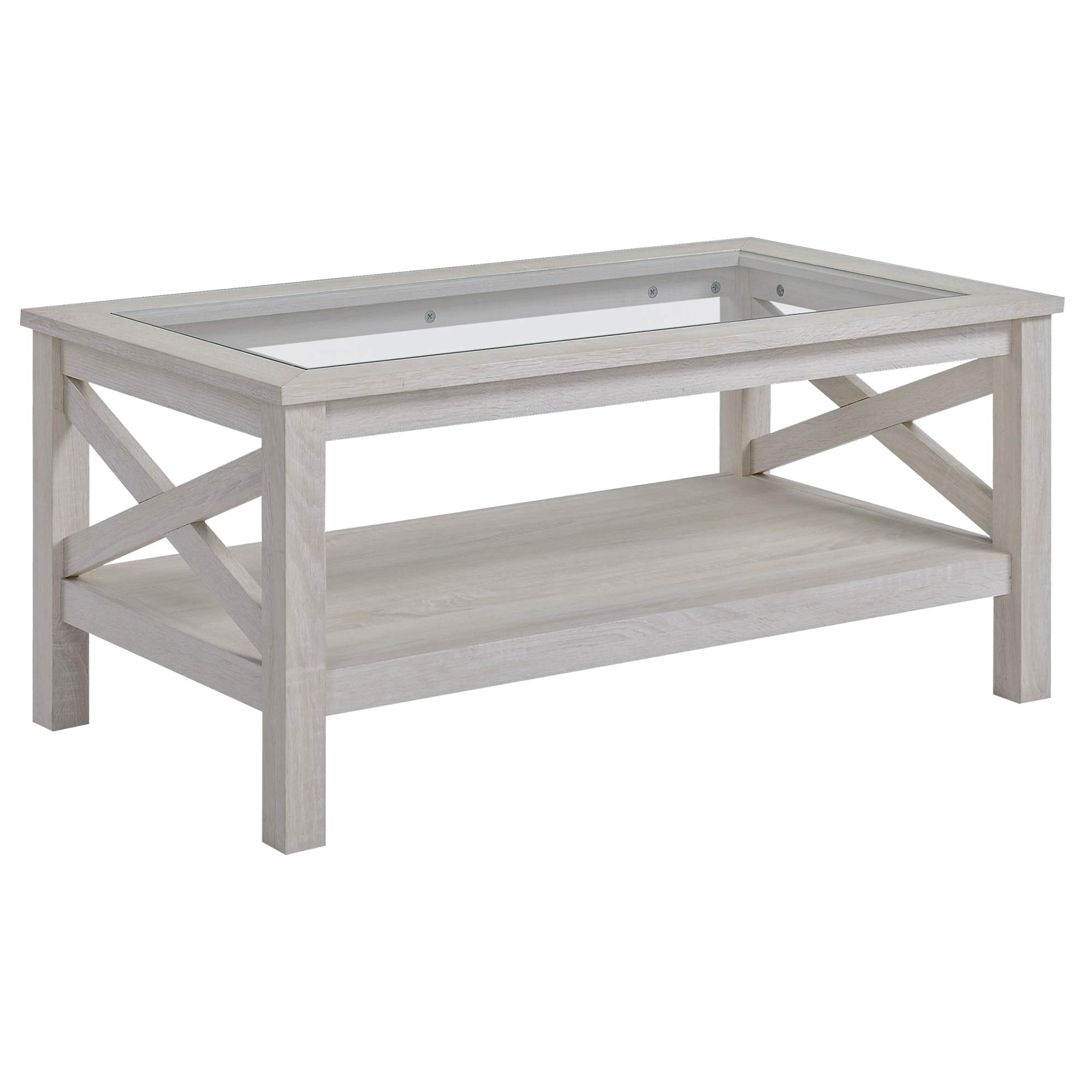 Farmhouse Style Coffee Table with Wood Frame & Tempered Glass Top - 39.25