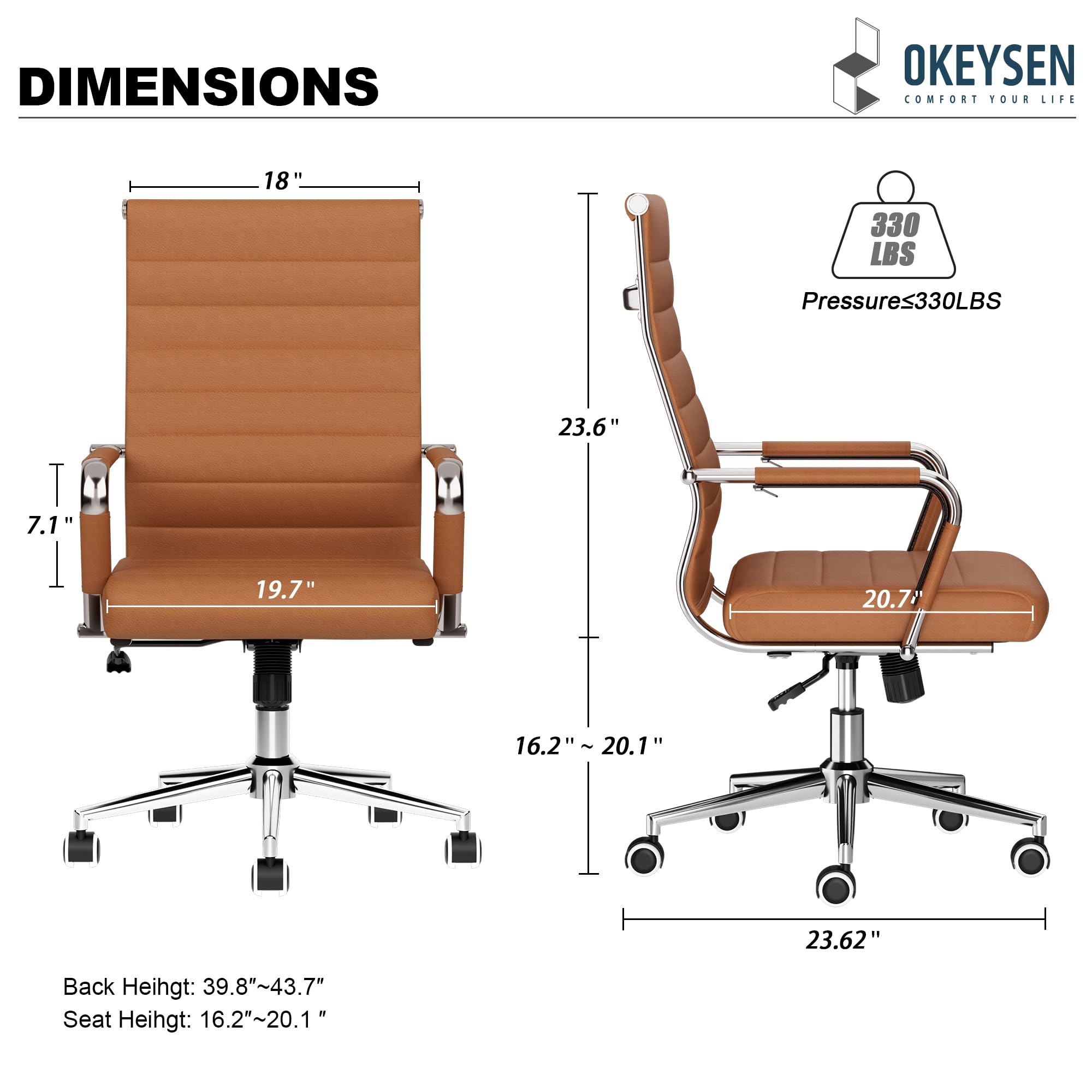 Okeysen Ergonomic Leather Office Chair - Adjustable Height Swivel Rolling Executive Desk Chair for Home & Conference Room - Modern Ribbed Design (Brown) - Perfect for Long Work Hours & Professional Meetings