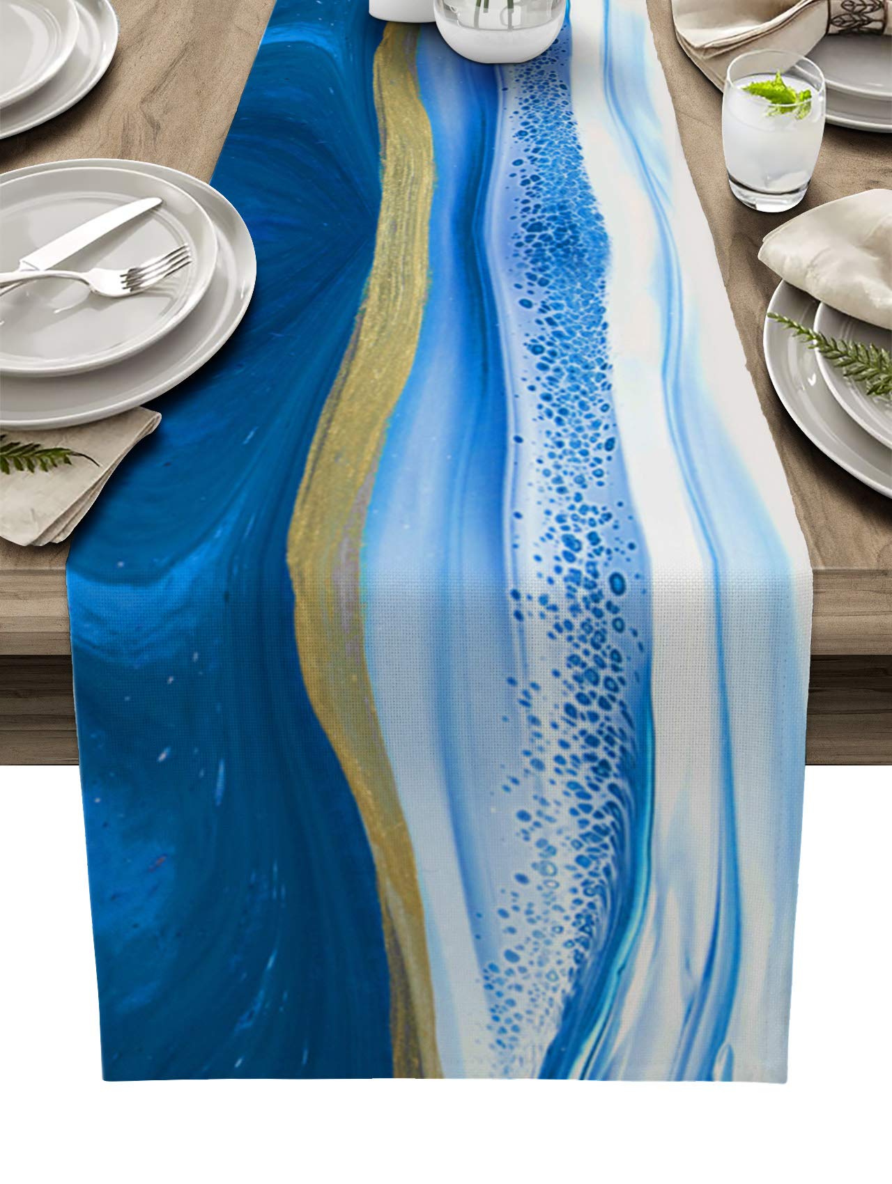 Farmhouse Table Runner 14x72 Inch - Blue Gradient Marble Watercolor Texture Linen Burlap Decor for Kitchen, Dining Room, Wedding & Party | Home Decor, Gift Idea & Everyday Table Setting