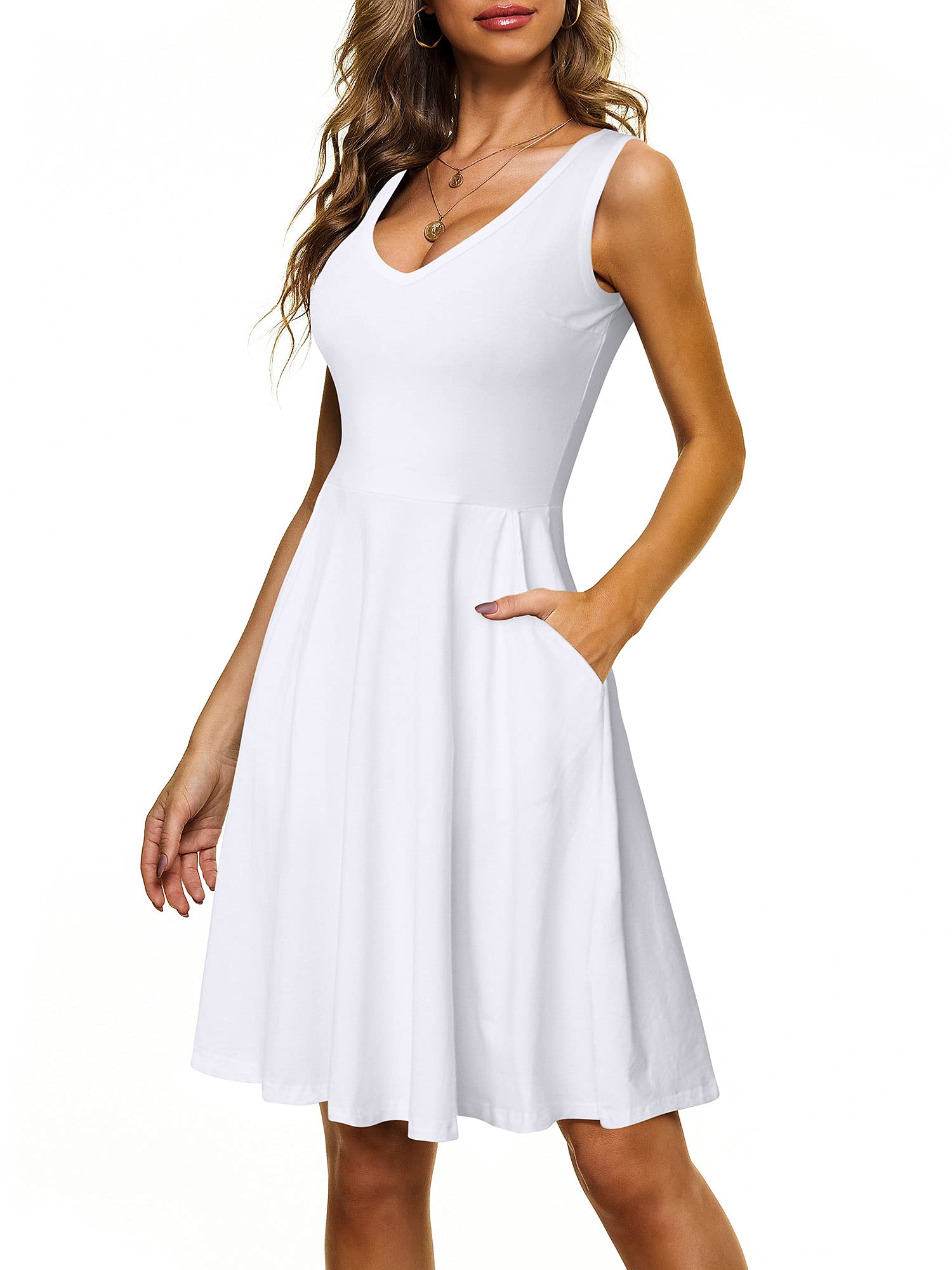 HUHOT Women's Sleeveless V-Neck Midi Dress with Pockets - Flared Tank Summer Beach Dress for Casual Outings, Vacations & Date Nights
